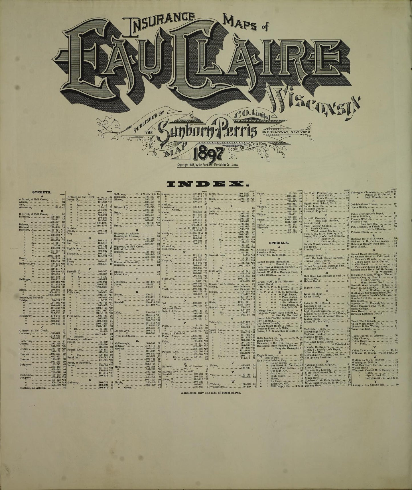 Sanborn Fire Insurance Map from Eau Claire, Eau Claire County, Wisconsin (1897), Sheet #0001 - Historic Sanborn Fire Insurance Map Print, vintage old map wall art, antique decor, genealogy gift, Wisconsin Wisconsin map