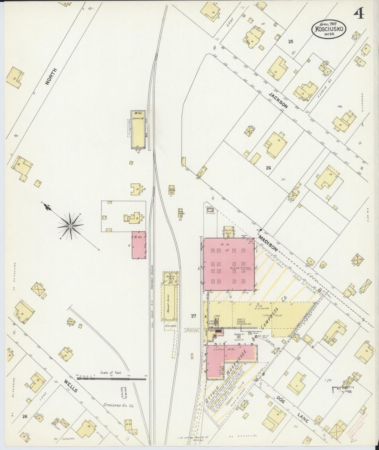 Sanborn Fire Insurance Map from Kosciusko, Attala County, Mississippi (1907), Sheet #0004 - Historic Sanborn Fire Insurance Map Print, vintage old map wall art, antique decor, genealogy gift, Mississippi Mississippi map