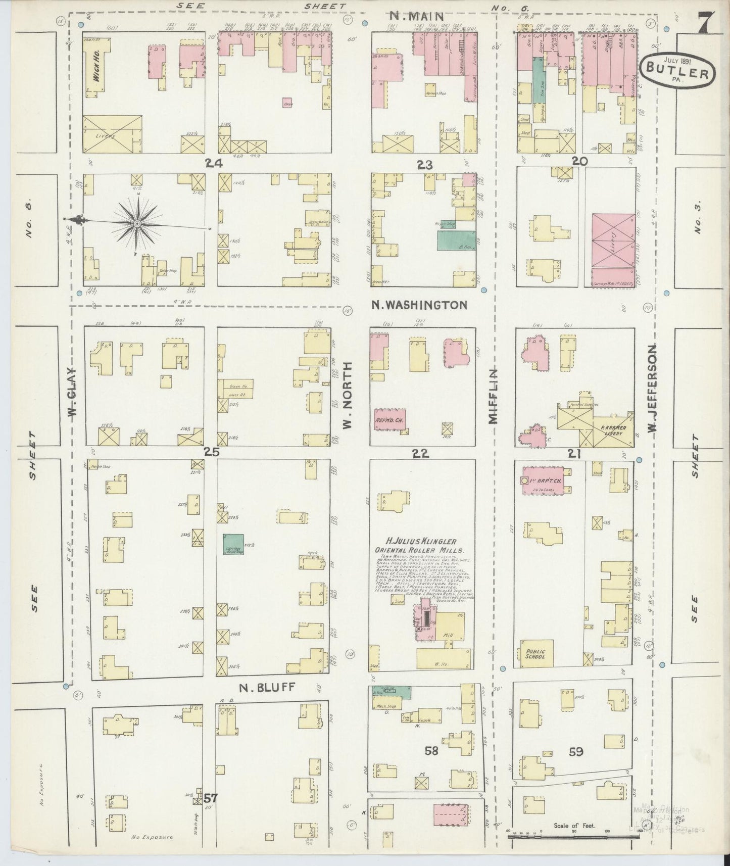 Sanborn Fire Insurance Map from Butler, Butler County, Pennsylvania (1891), Sheet #0007 - Historic Sanborn Fire Insurance Map Print, vintage old map wall art, antique decor, genealogy gift, Pennsylvania Pennsylvania map