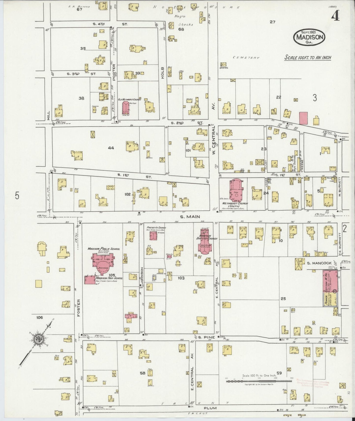 Sanborn Fire Insurance Map from Madison, Morgan County, Georgia (1921), Sheet #0004 - Historic Sanborn Fire Insurance Map Print, vintage old map wall art, antique decor, genealogy gift, Georgia Georgia map
