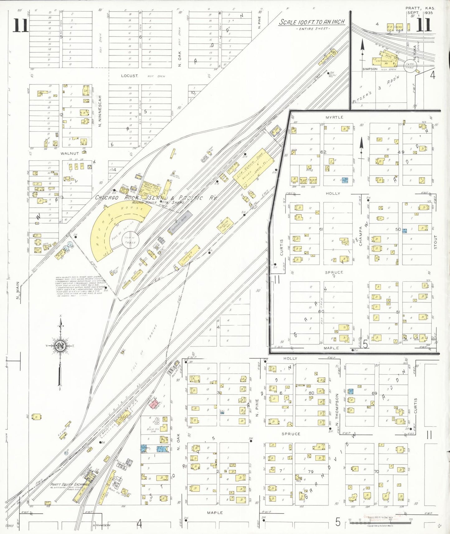 Sanborn Fire Insurance Map from Pratt, Pratt County, Kansas (1935), Sheet #0011 - Historic Sanborn Fire Insurance Map Print, vintage old map wall art, antique decor, genealogy gift, Kansas Kansas map