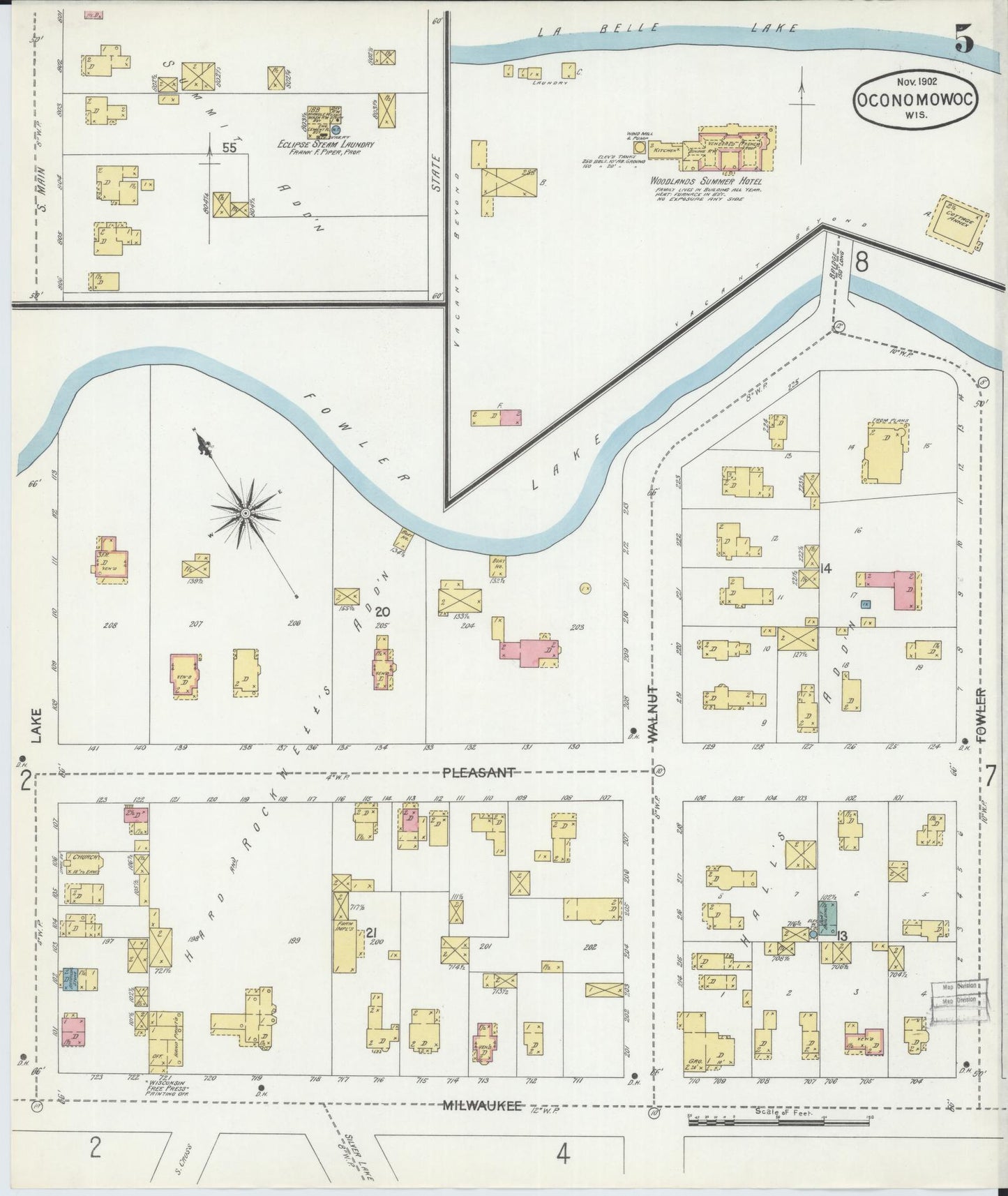 Sanborn Fire Insurance Map from Oconomowoc, Waukesha County, Wisconsin (1902), Sheet #0005 - Historic Sanborn Fire Insurance Map Print, vintage old map wall art, antique decor, genealogy gift, Wisconsin Wisconsin map