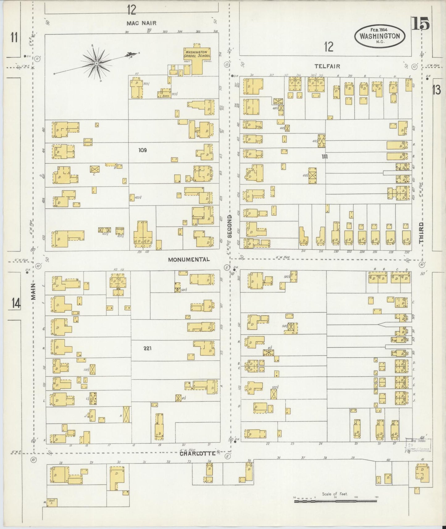 Sanborn Fire Insurance Map from Washington, Beaufort County, North Carolina (1904), Sheet #0015 - Historic Sanborn Fire Insurance Map Print, vintage old map wall art, antique decor, genealogy gift, North Carolina North Carolina map