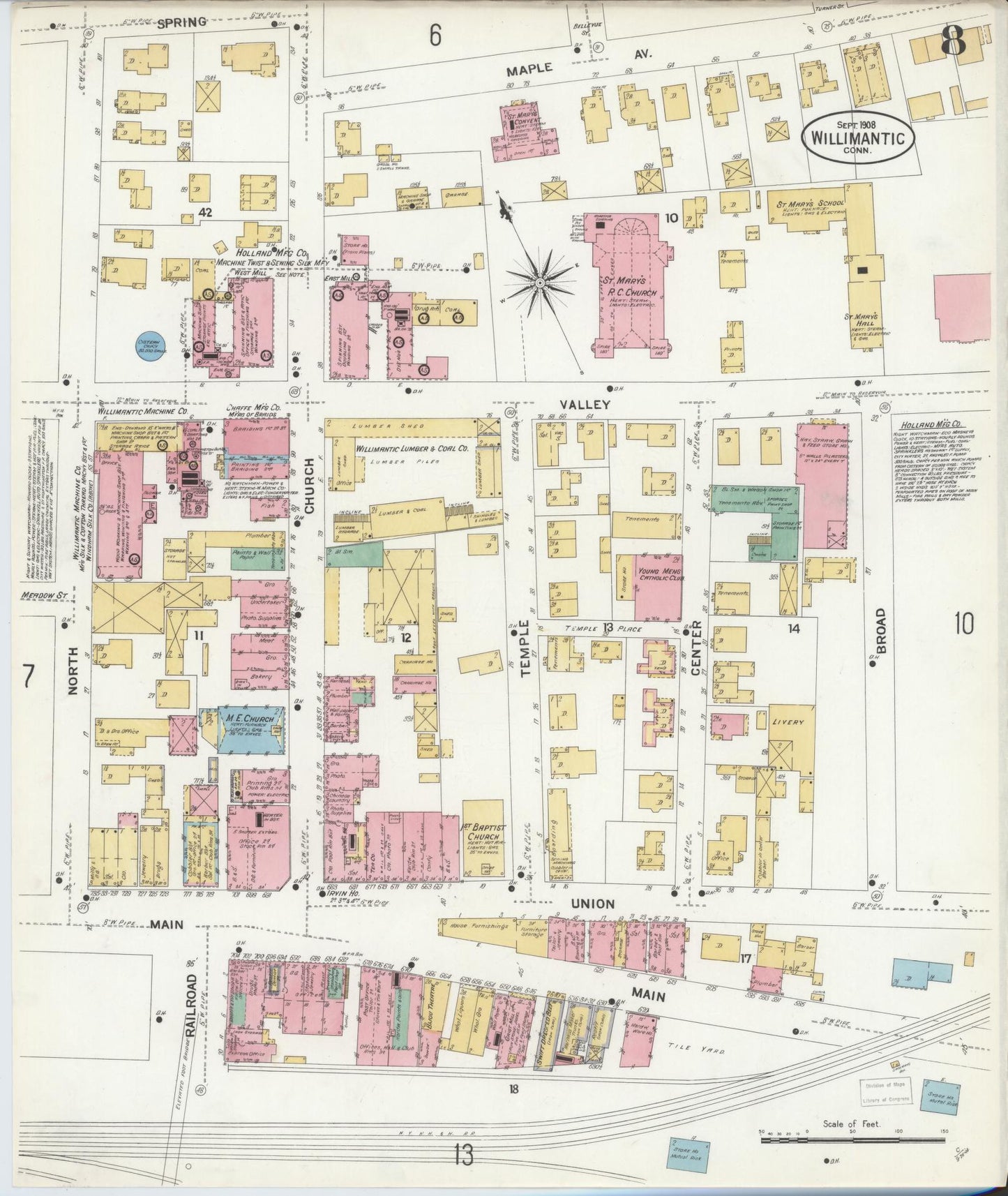 Sanborn Fire Insurance Map from Willimantic, Windham County, Connecticut (1908), Sheet #0008 - Historic Sanborn Fire Insurance Map Print, vintage old map wall art, antique decor, genealogy gift, Connecticut Connecticut map