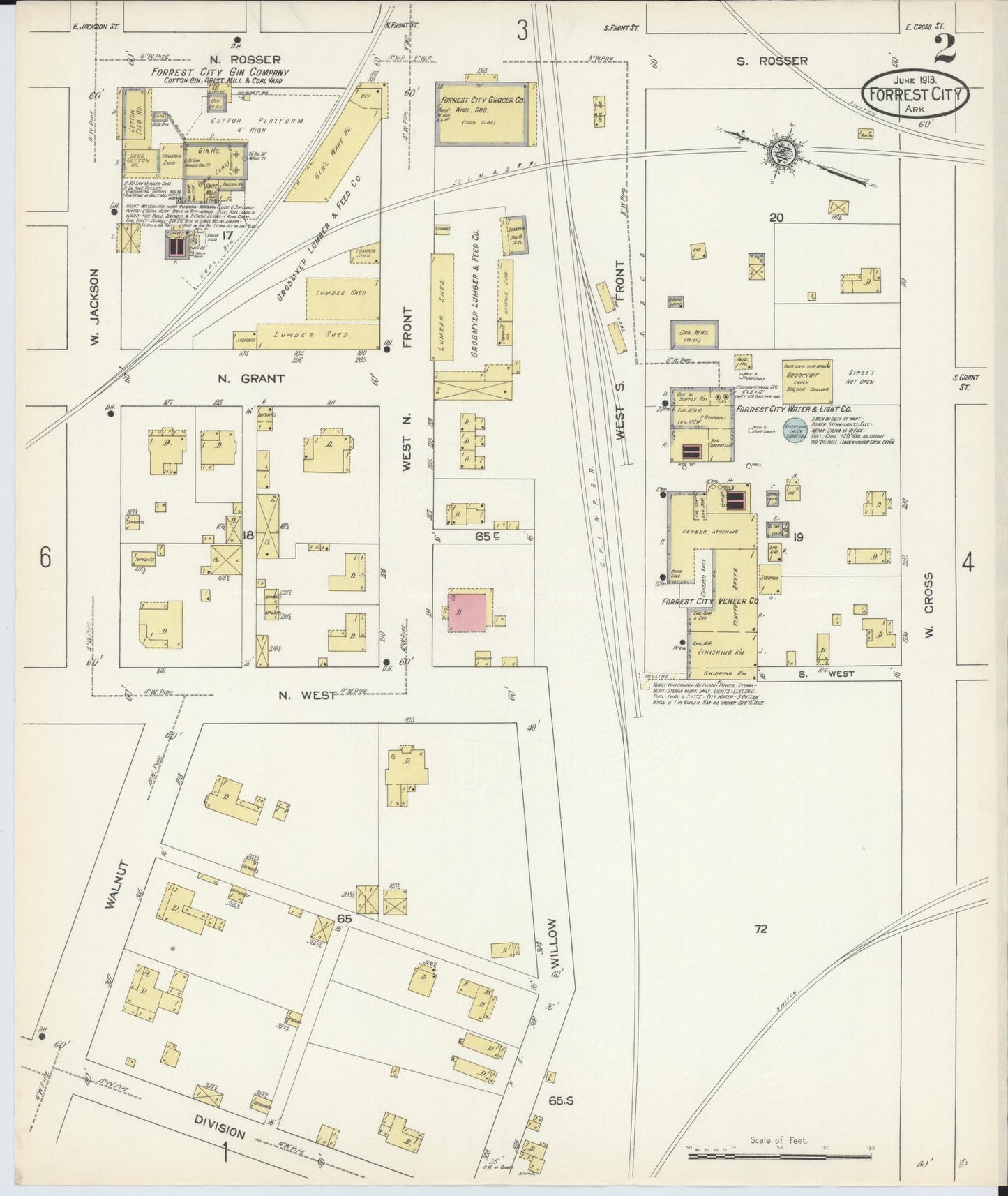 Sanborn Fire Insurance Map from Forrest City, Saint Francis County, Arkansas (1913), Sheet #0002 - Historic Sanborn Fire Insurance Map Print, vintage old map wall art, antique decor, genealogy gift, Arkansas Arkansas map