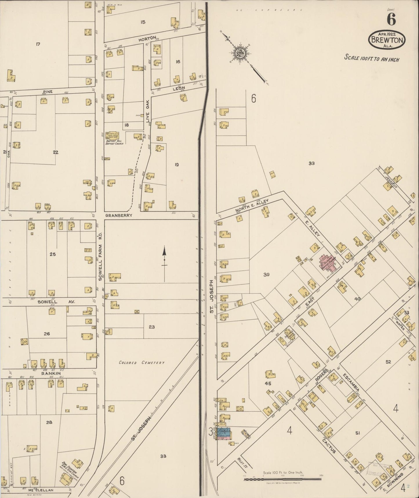 Sanborn Fire Insurance Map from Brewton, Escambia County, Alabama (1922), Sheet #0006 - Historic Sanborn Fire Insurance Map Print, vintage old map wall art, antique decor, genealogy gift, Alabama Alabama map