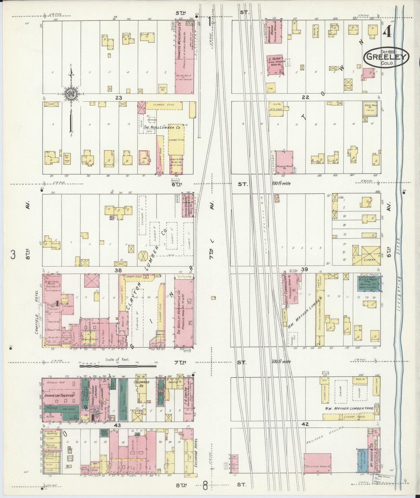Sanborn Fire Insurance Map from Greeley, Weld County, Colorado (1909), Sheet #0004 - Historic Sanborn Fire Insurance Map Print, vintage old map wall art, antique decor, genealogy gift, Colorado Colorado map