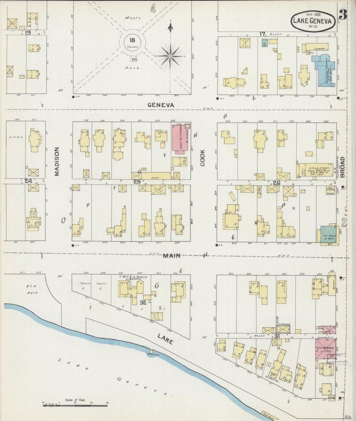 Sanborn Fire Insurance Map from Lake Geneva, Walworth County, Wisconsin (1892), Sheet #0003 - Historic Sanborn Fire Insurance Map Print, vintage old map wall art, antique decor, genealogy gift, Wisconsin Wisconsin map