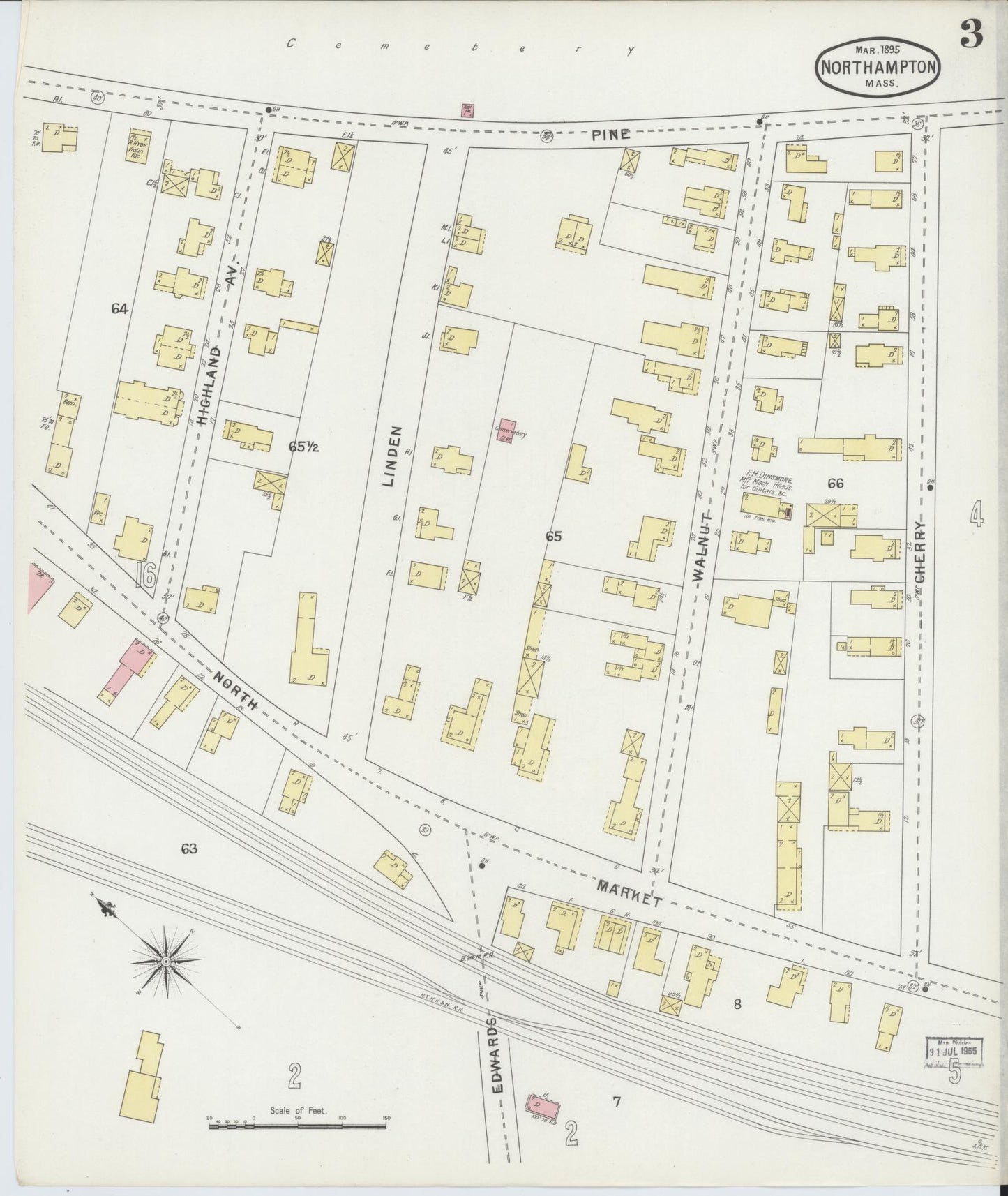Sanborn Fire Insurance Map from Northampton, Hampshire County, Massachusetts (1895), Sheet #0003 - Historic Sanborn Fire Insurance Map Print, vintage old map wall art, antique decor, genealogy gift, Massachusetts Massachusetts map