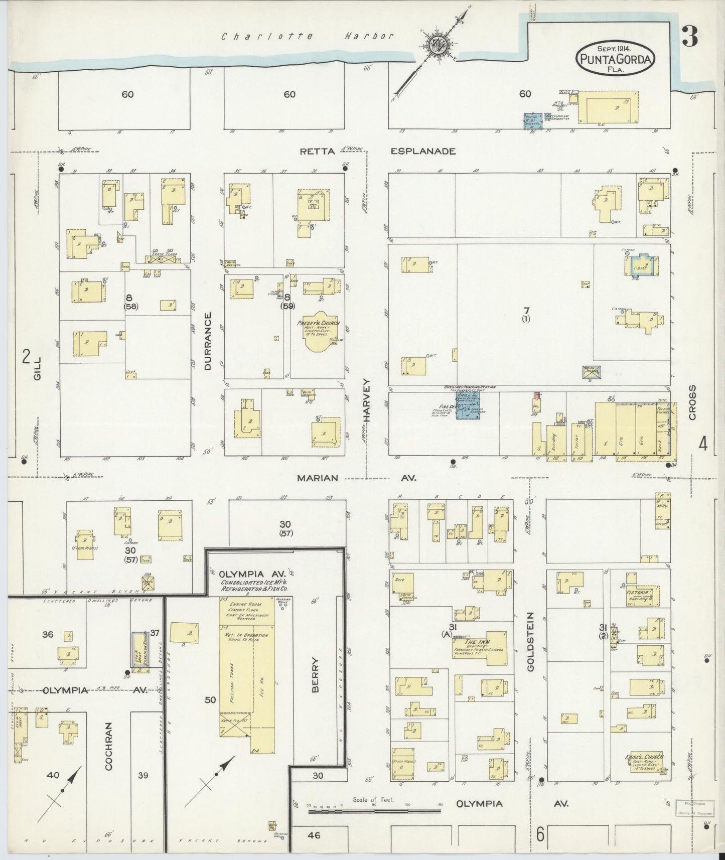 Sanborn Fire Insurance Map from Punta Gorda, Charlotte County, Florida (1914), Sheet #0003 - Historic Sanborn Fire Insurance Map Print, vintage old map wall art, antique decor, genealogy gift, Florida Florida map