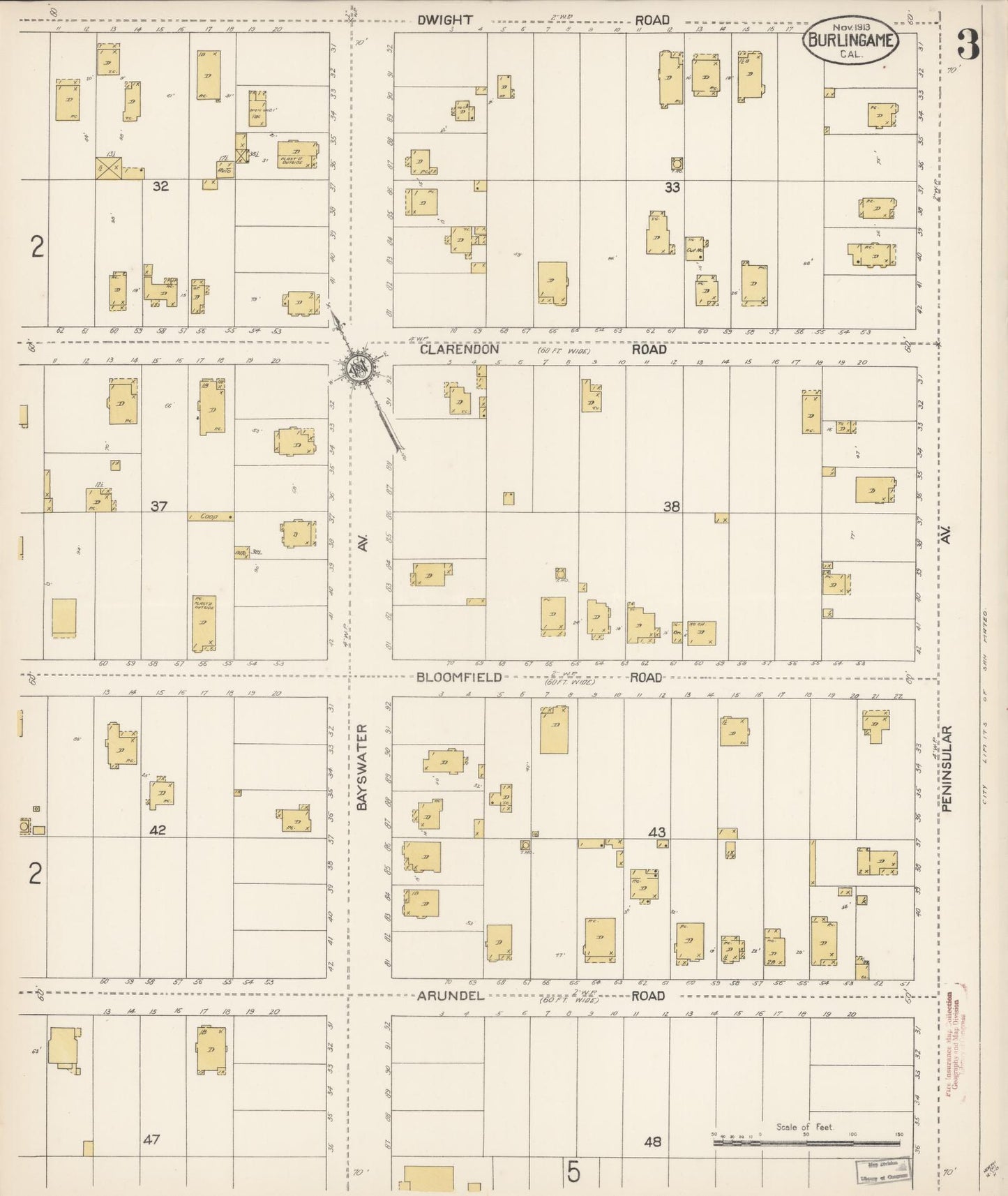 Sanborn Fire Insurance Map from Burlingame, San Mateo County, California (1913), Sheet #0003 - Historic Sanborn Fire Insurance Map Print, vintage old map wall art, antique decor, genealogy gift, California California map
