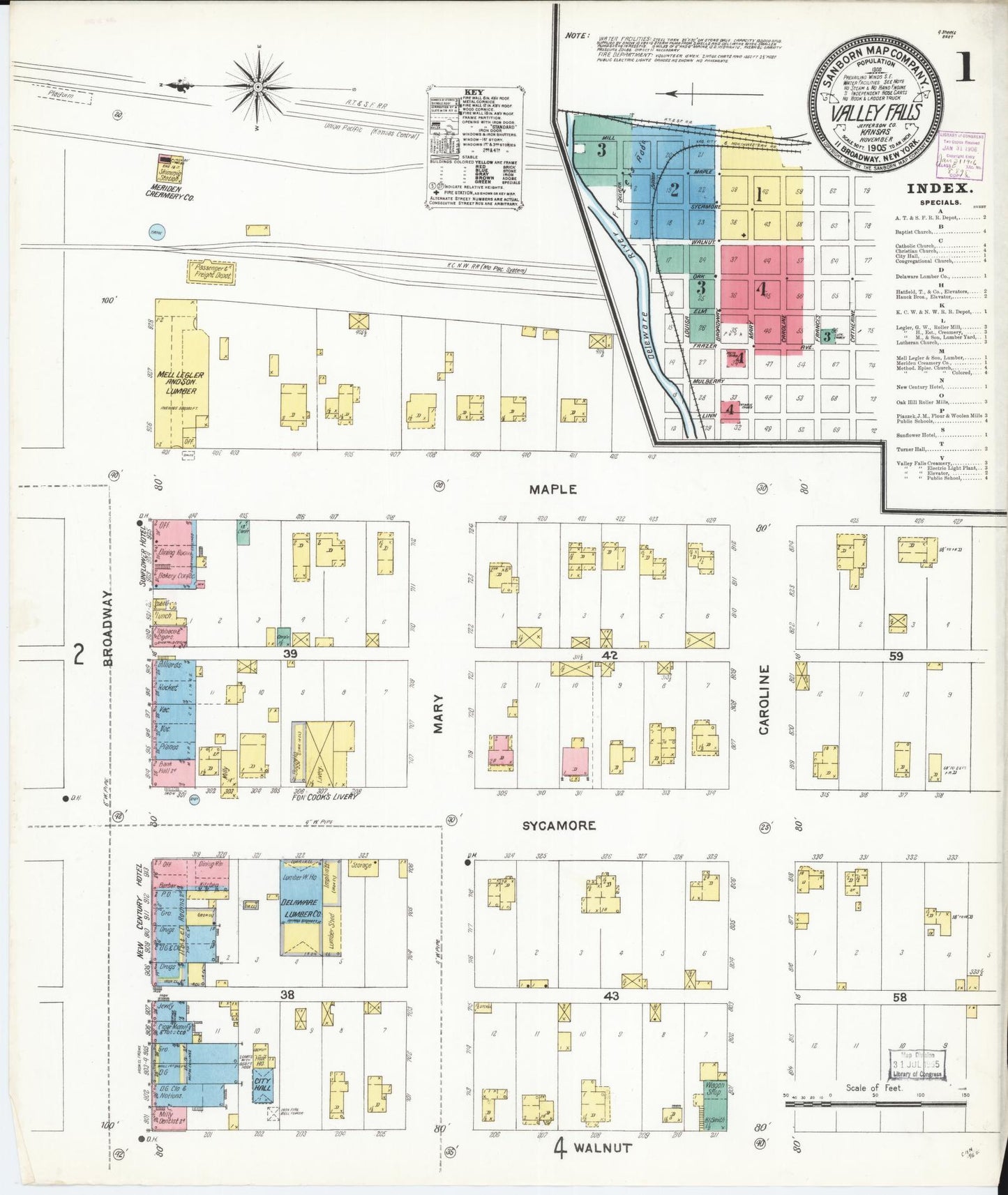 Sanborn Fire Insurance Map from Valley Falls, Jefferson County, Kansas (1905), Sheet #0001 - Historic Sanborn Fire Insurance Map Print, vintage old map wall art, antique decor, genealogy gift, Kansas Kansas map