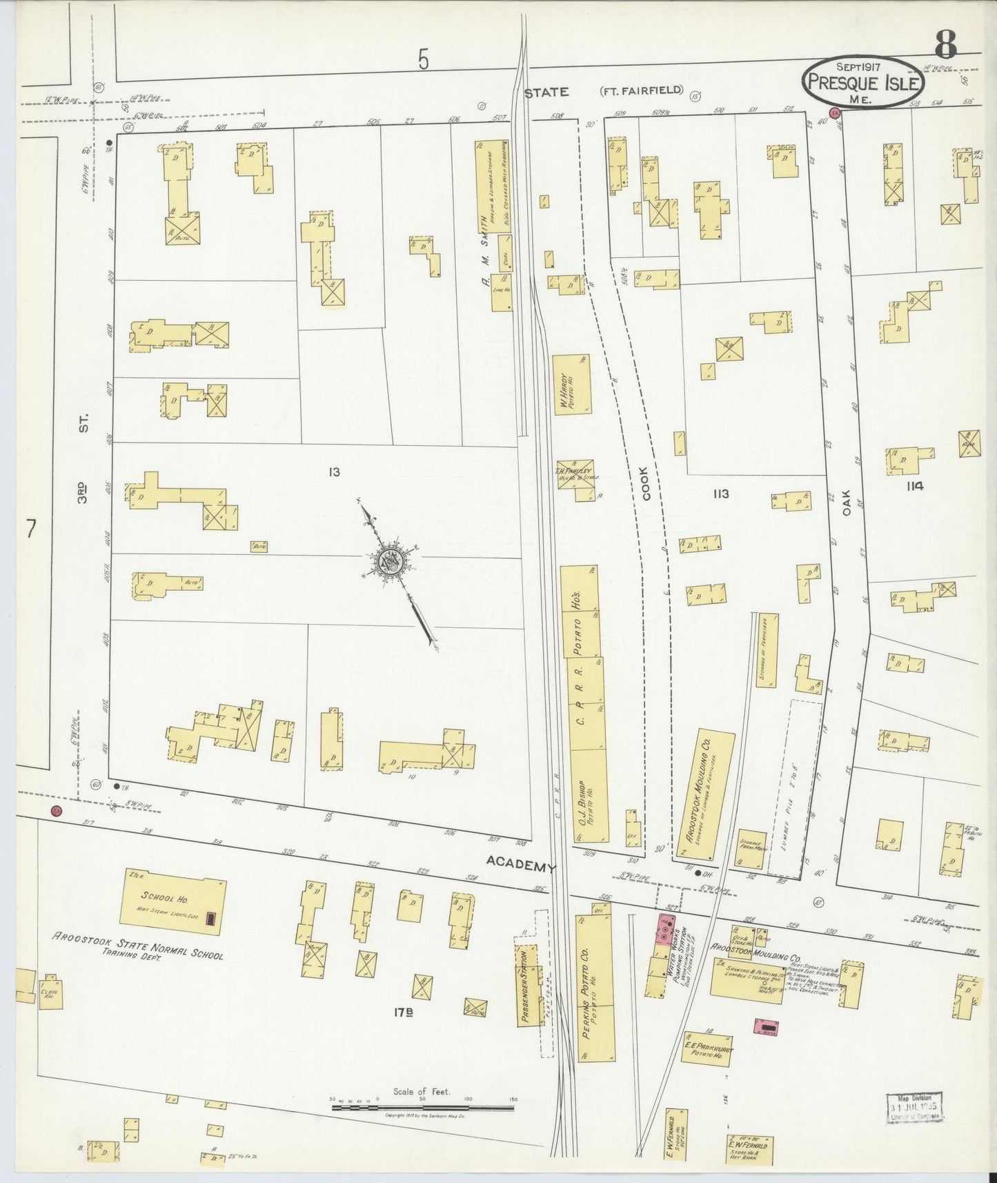 Sanborn Fire Insurance Map from Presque Isle, Aroostook County, Maine (1917), Sheet #0008 - Historic Sanborn Fire Insurance Map Print, vintage old map wall art, antique decor, genealogy gift, Maine Maine map