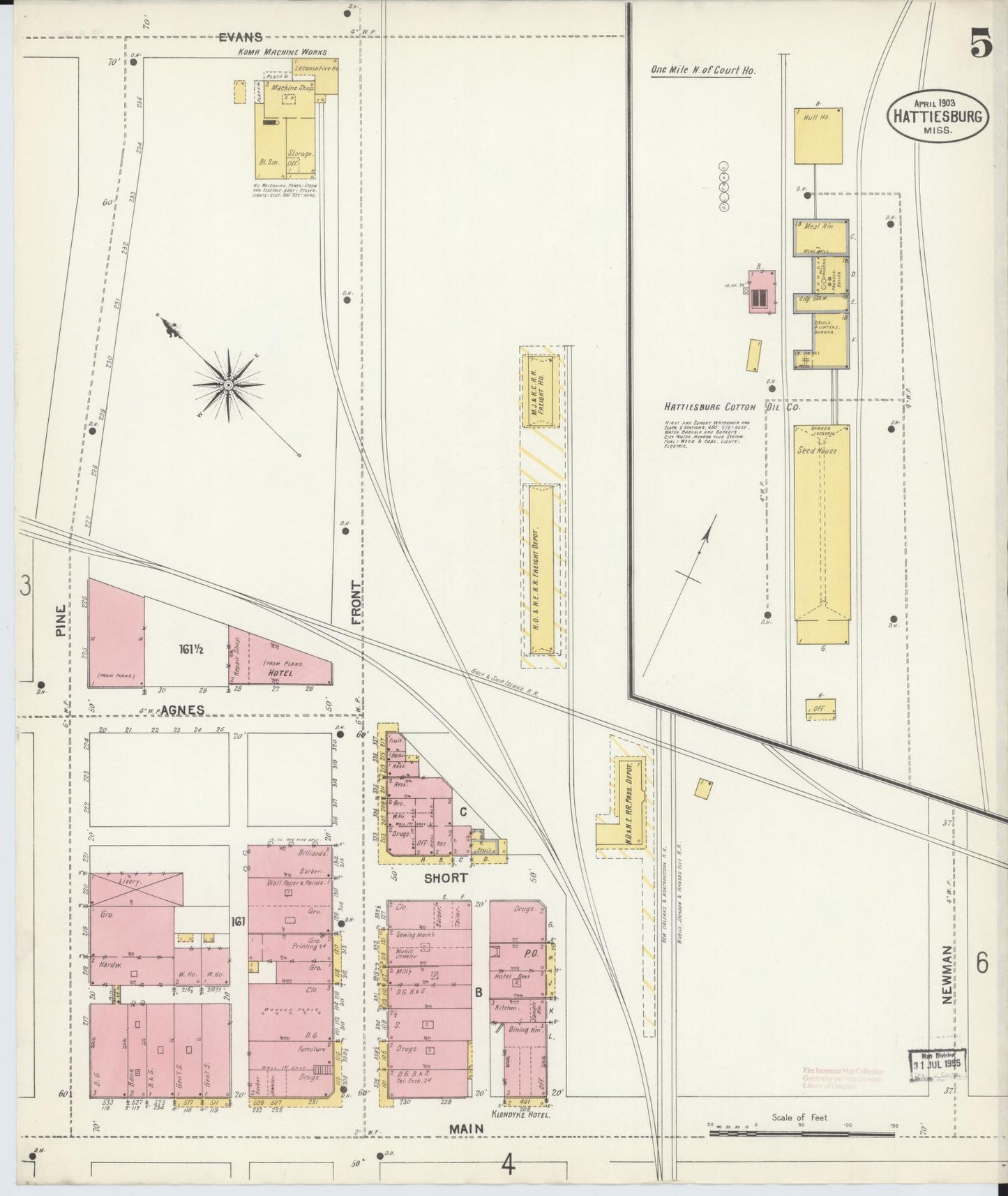 Sanborn Fire Insurance Map from Hattiesburg, Forrest County, Mississippi (1903), Sheet #0005 - Historic Sanborn Fire Insurance Map Print, vintage old map wall art, antique decor, genealogy gift, Mississippi Mississippi map