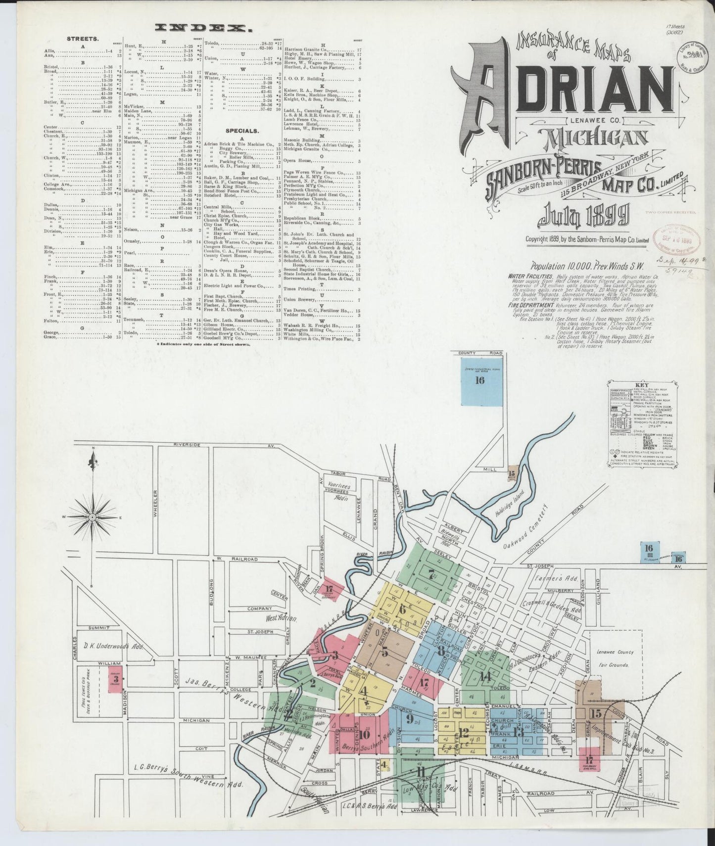 Sanborn Fire Insurance Map from Adrian, Lenawee County, Michigan (1899), Sheet #0001 - Historic Sanborn Fire Insurance Map Print, vintage old map wall art, antique decor, genealogy gift, Michigan Michigan map