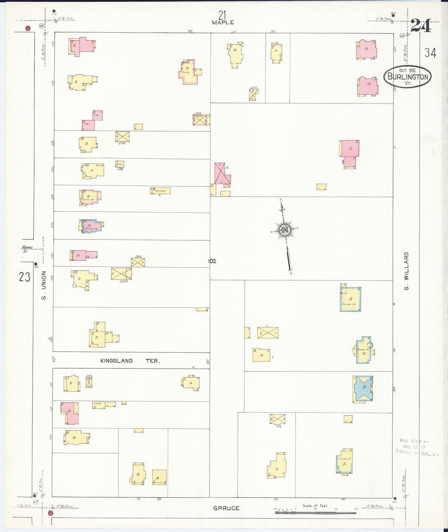 Sanborn Fire Insurance Map from Burlington, Chittenden County, Vermont (1912), Sheet #0024 - Historic Sanborn Fire Insurance Map Print, vintage old map wall art, antique decor, genealogy gift, Vermont Vermont map