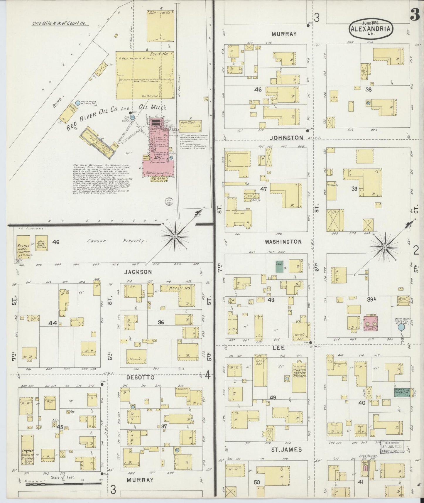 Sanborn Fire Insurance Map from Alexandria, Rapides Parish, Louisiana (1896), Sheet #0003 - Historic Sanborn Fire Insurance Map Print, vintage old map wall art, antique decor, genealogy gift, Louisiana Louisiana map