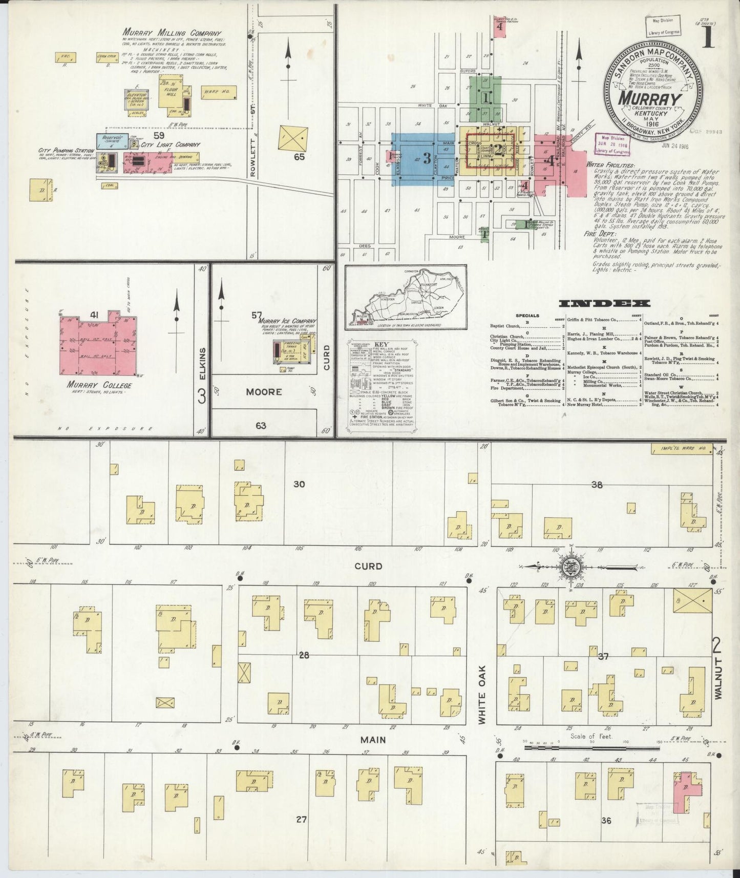 Sanborn Fire Insurance Map from Murray, Calloway County, Kentucky (1916), Sheet #0001 - Historic Sanborn Fire Insurance Map Print, vintage old map wall art, antique decor, genealogy gift, Kentucky Kentucky map