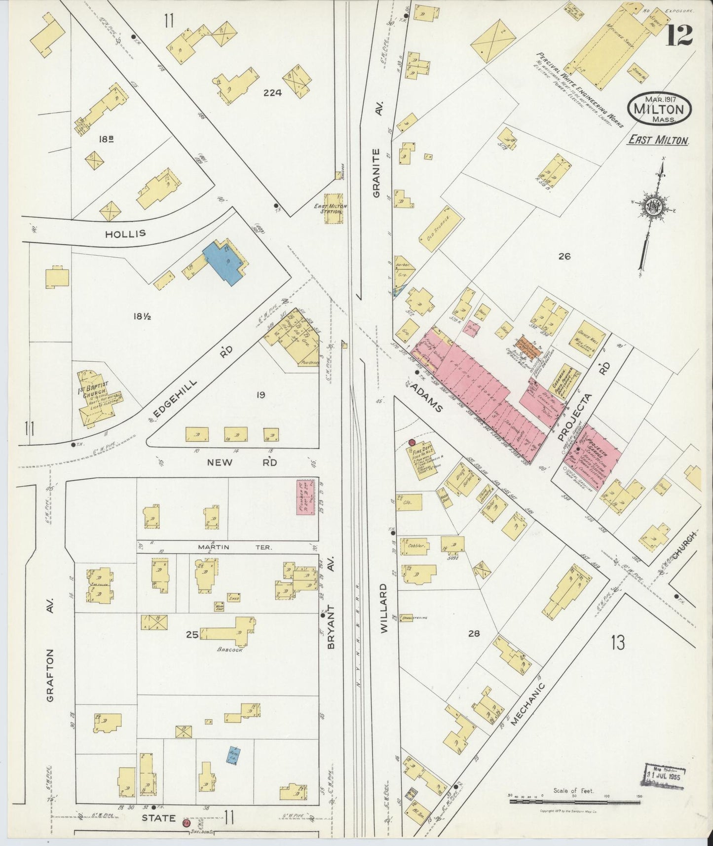 Sanborn Fire Insurance Map from Milton, Norfolk County, Massachusetts (1917), Sheet #0012 - Historic Sanborn Fire Insurance Map Print, vintage old map wall art, antique decor, genealogy gift, Massachusetts Massachusetts map