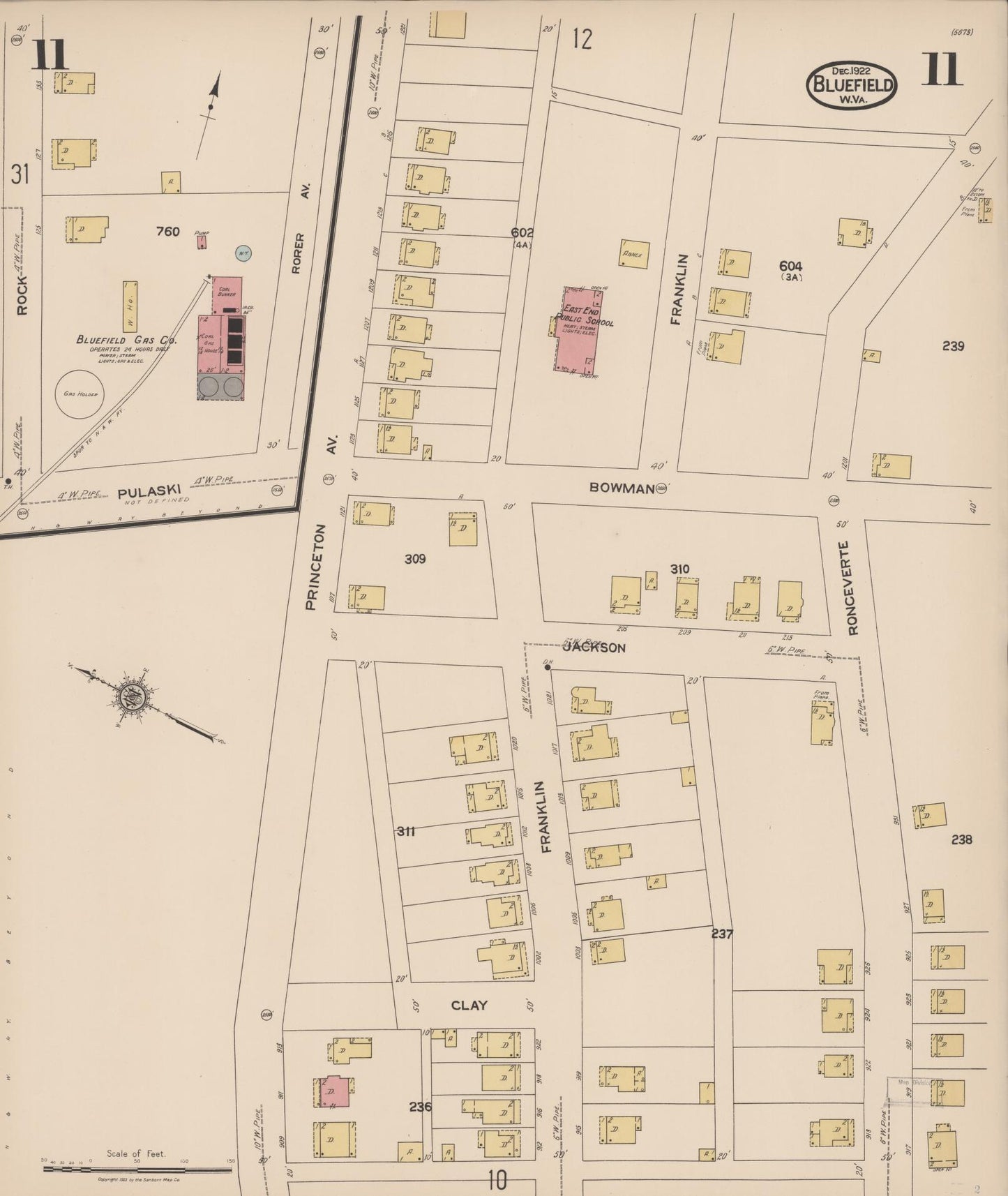 Sanborn Fire Insurance Map from Bluefield, Mercer County, West Virginia (1922), Sheet #0011 - Historic Sanborn Fire Insurance Map Print, vintage old map wall art, antique decor, genealogy gift, West Virginia West Virginia map