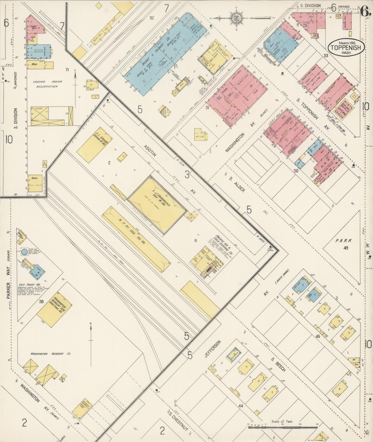 Sanborn Fire Insurance Map from Toppenish, Yakima County, Washington (1915), Sheet #0006 - Historic Sanborn Fire Insurance Map Print, vintage old map wall art, antique decor, genealogy gift, Washington Washington map