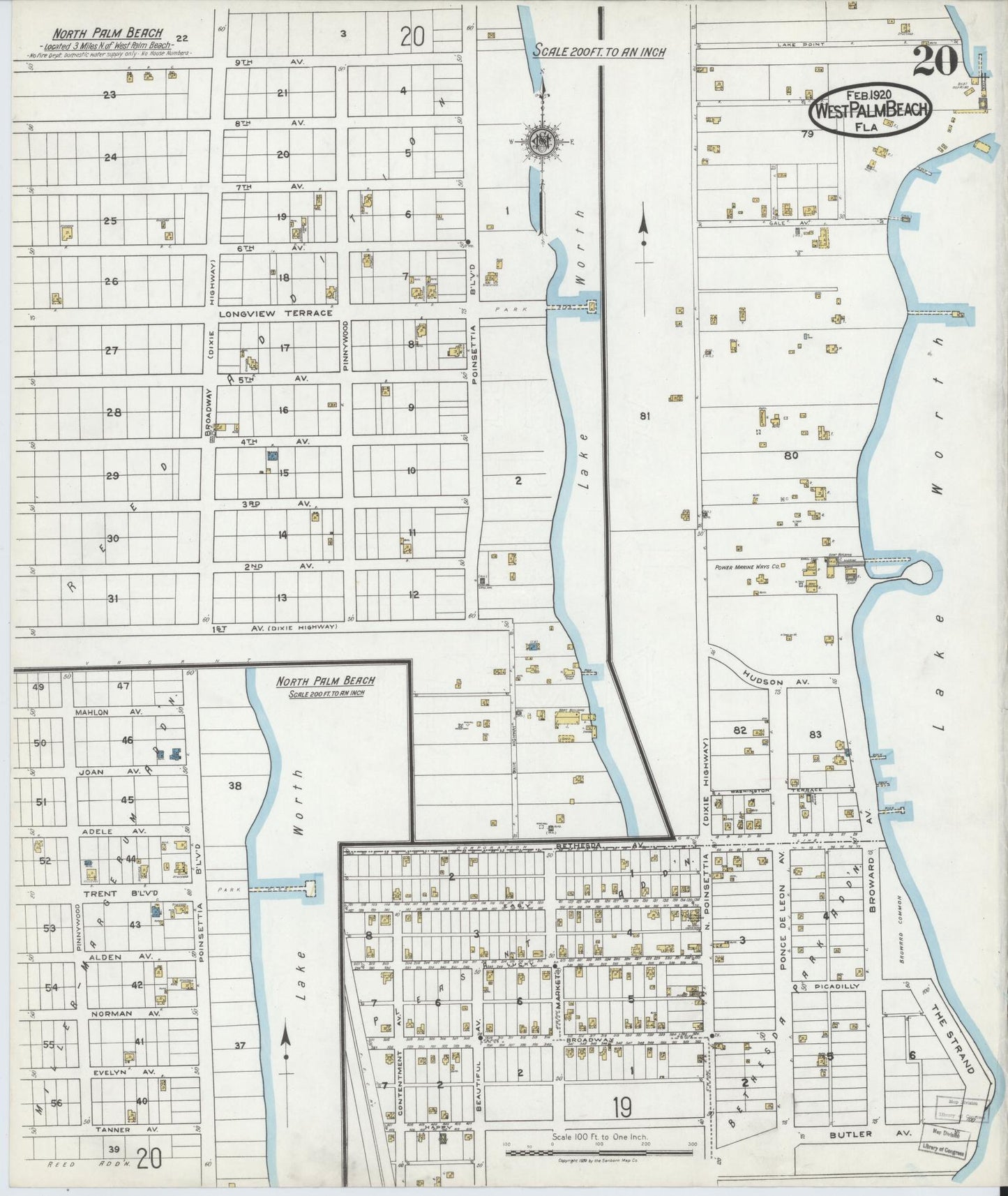 Sanborn Fire Insurance Map from West Palm Beach, Dade County, Florida (1920), Sheet #0020 - Historic Sanborn Fire Insurance Map Print, vintage old map wall art, antique decor, genealogy gift, Florida Florida map