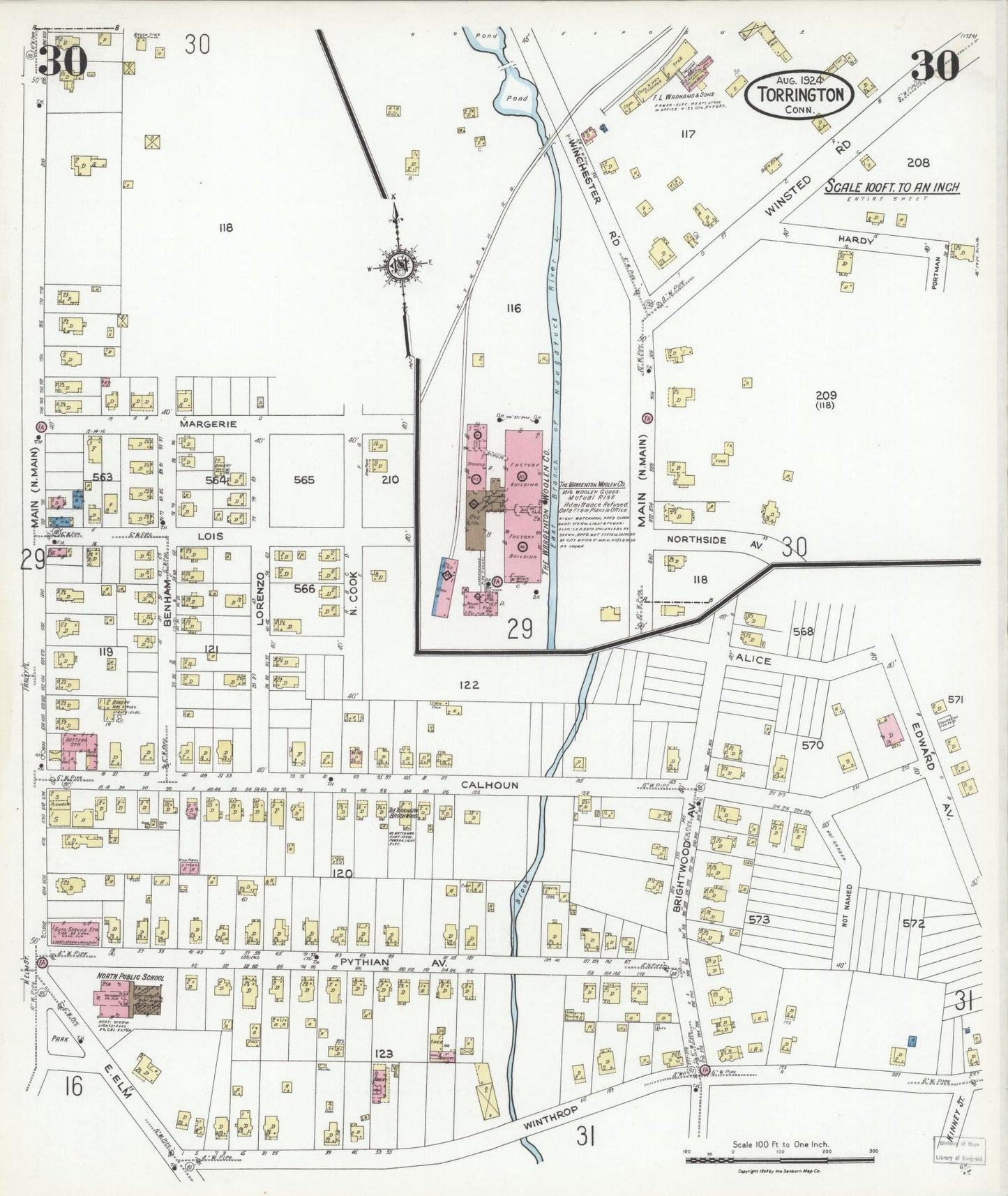 Sanborn Fire Insurance Map from Torrington, Litchfield County, Connecticut (1924), Sheet #0030 - Historic Sanborn Fire Insurance Map Print, vintage old map wall art, antique decor, genealogy gift, Connecticut Connecticut map