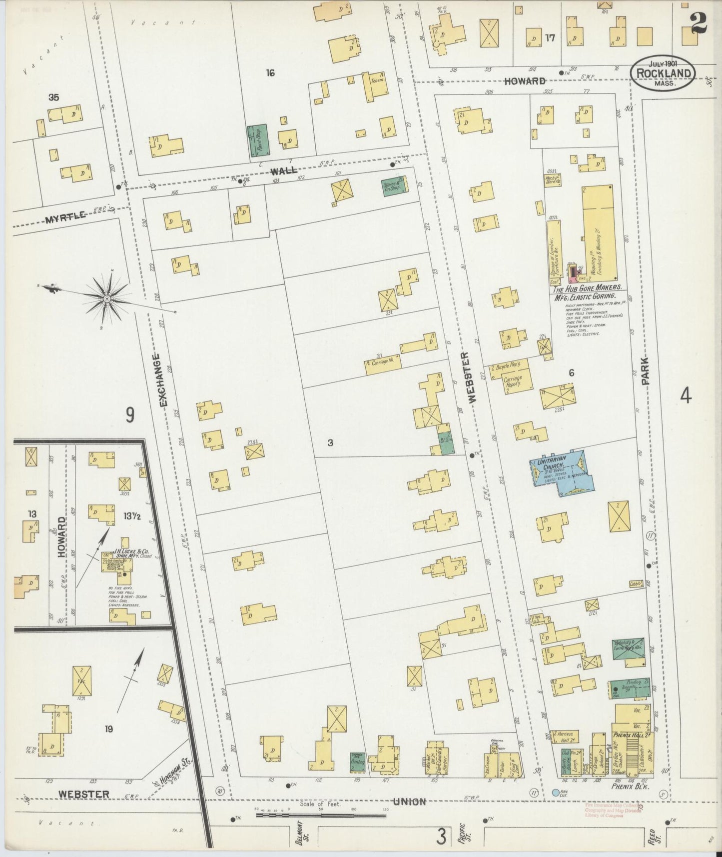 Sanborn Fire Insurance Map from Rockland, Plymouth County, Massachusetts (1901), Sheet #0002 - Historic Sanborn Fire Insurance Map Print, vintage old map wall art, antique decor, genealogy gift, Massachusetts Massachusetts map