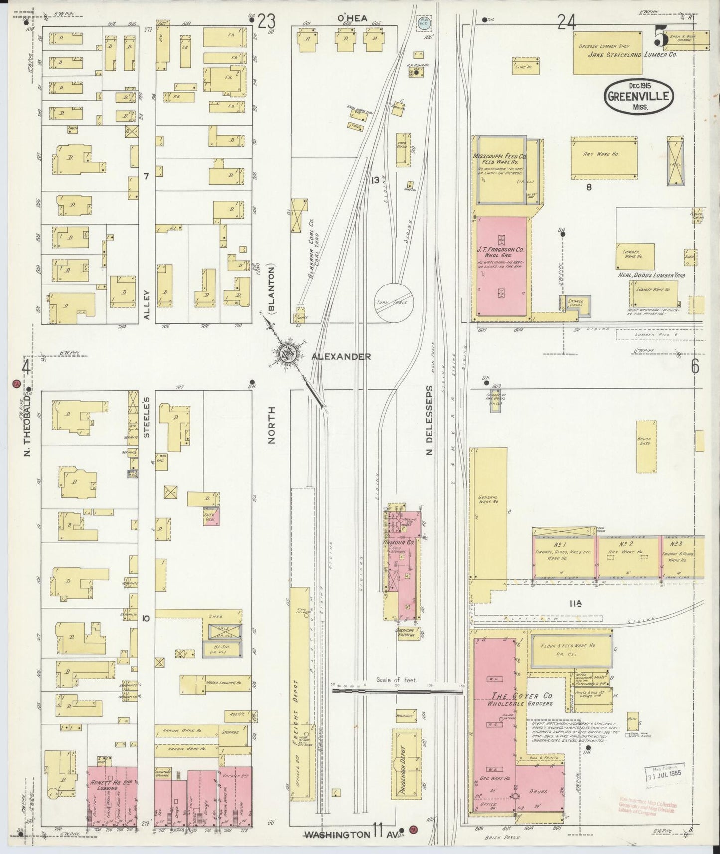 Sanborn Fire Insurance Map from Greenville, Washington County, Mississippi (1915), Sheet #0005 - Historic Sanborn Fire Insurance Map Print, vintage old map wall art, antique decor, genealogy gift, Mississippi Mississippi map
