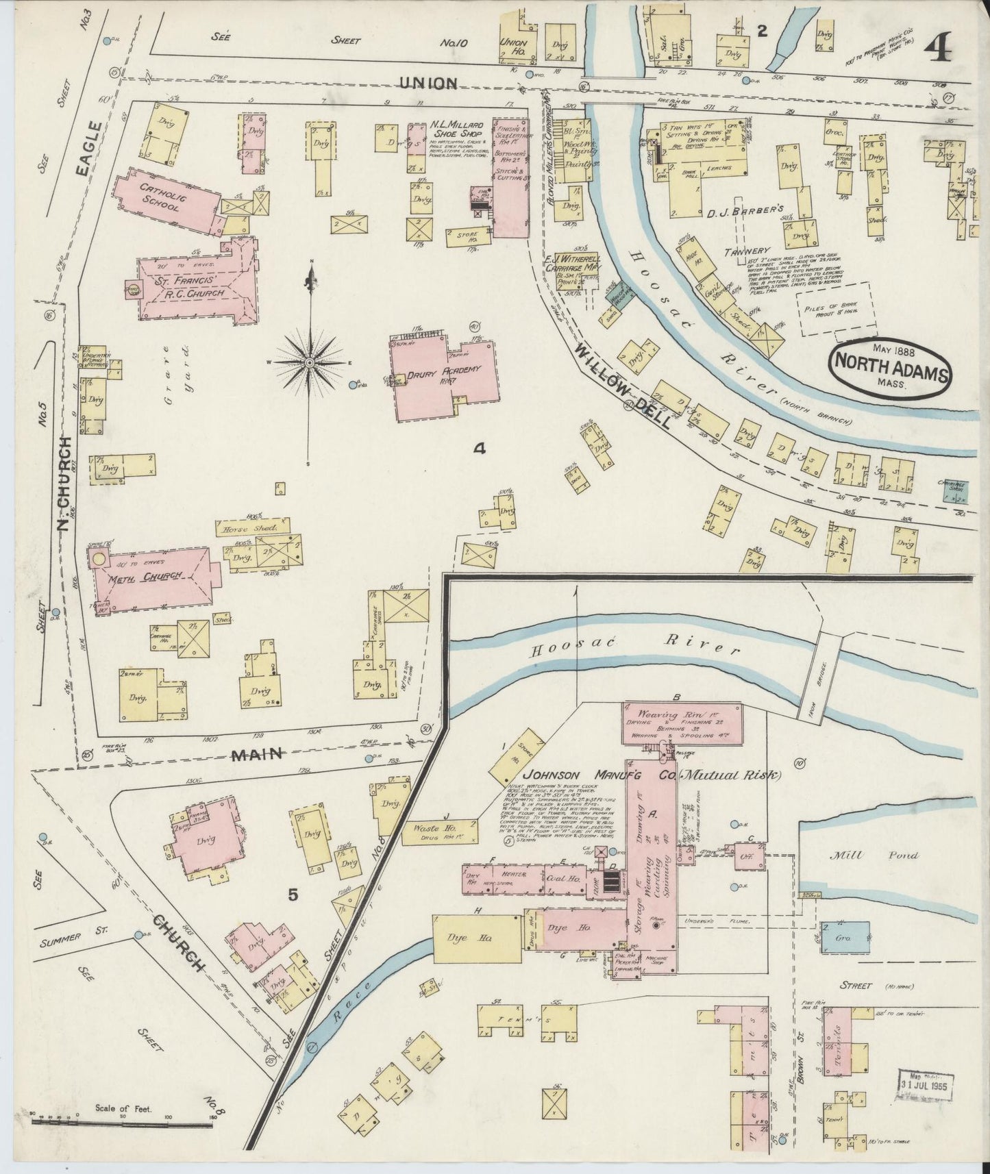 Sanborn Fire Insurance Map from North Adams, Berkshire County, Massachusetts (1888), Sheet #0004 - Historic Sanborn Fire Insurance Map Print, vintage old map wall art, antique decor, genealogy gift, Massachusetts Massachusetts map