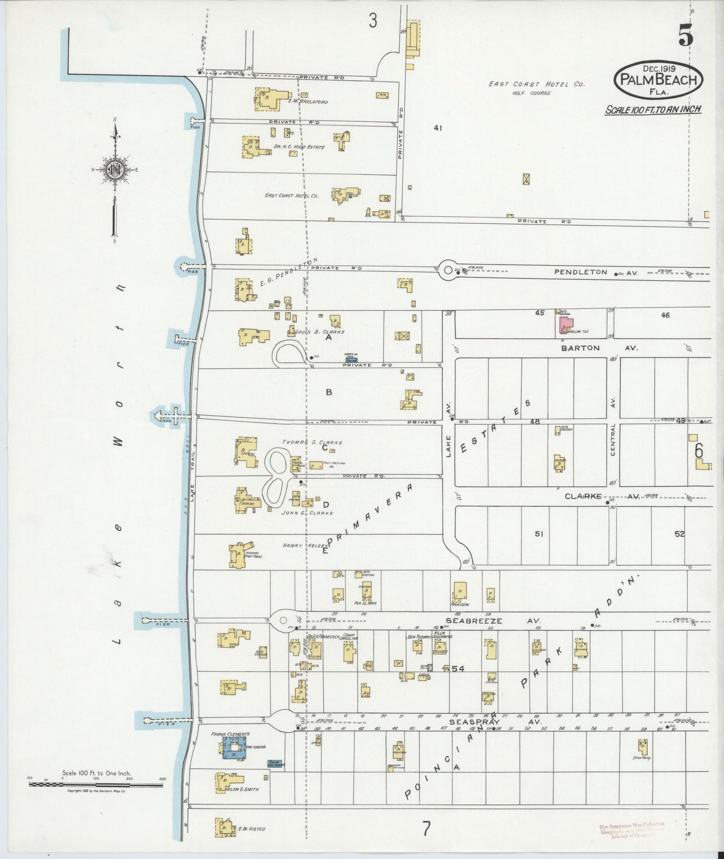 Sanborn Fire Insurance Map from Palm Beach, Palm Beach County, Florida (1919), Sheet #0005 - Historic Sanborn Fire Insurance Map Print, vintage old map wall art, antique decor, genealogy gift, Florida Florida map
