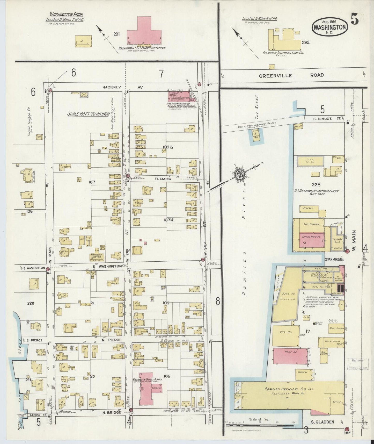 Sanborn Fire Insurance Map from Washington, Beaufort County, North Carolina (1916), Sheet #0005 - Historic Sanborn Fire Insurance Map Print, vintage old map wall art, antique decor, genealogy gift, Washington Washington map