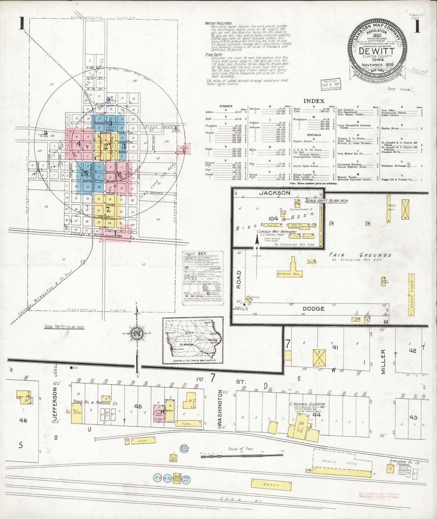 Sanborn Fire Insurance Map from De Witt, Clinton County, Iowa (1926), Sheet #0001 - Historic Sanborn Fire Insurance Map Print, vintage old map wall art