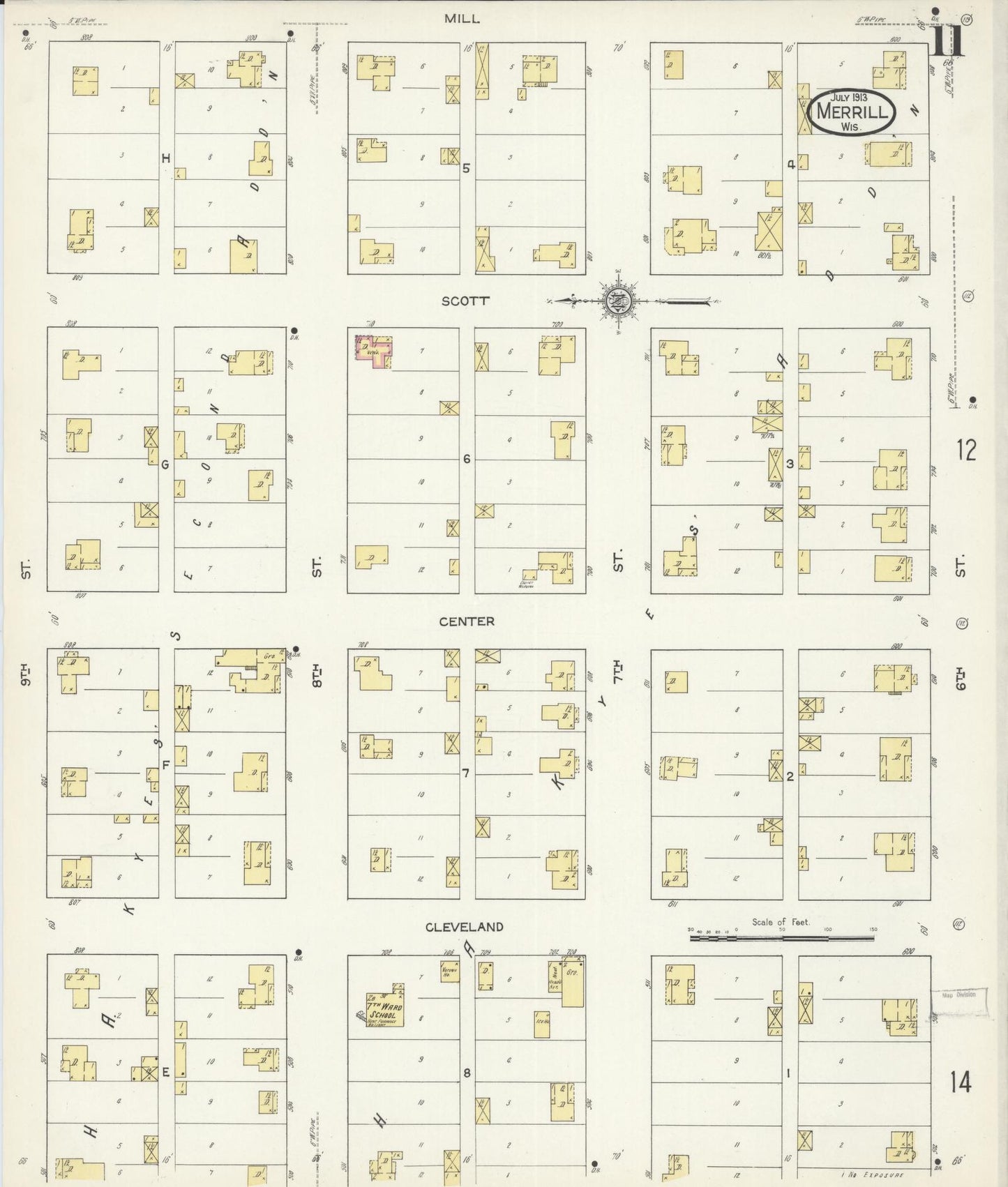 Sanborn Fire Insurance Map from Merrill, Lincoln County, Wisconsin (1913), Sheet #0011 - Historic Sanborn Fire Insurance Map Print, vintage old map wall art, antique decor, genealogy gift, Wisconsin Wisconsin map