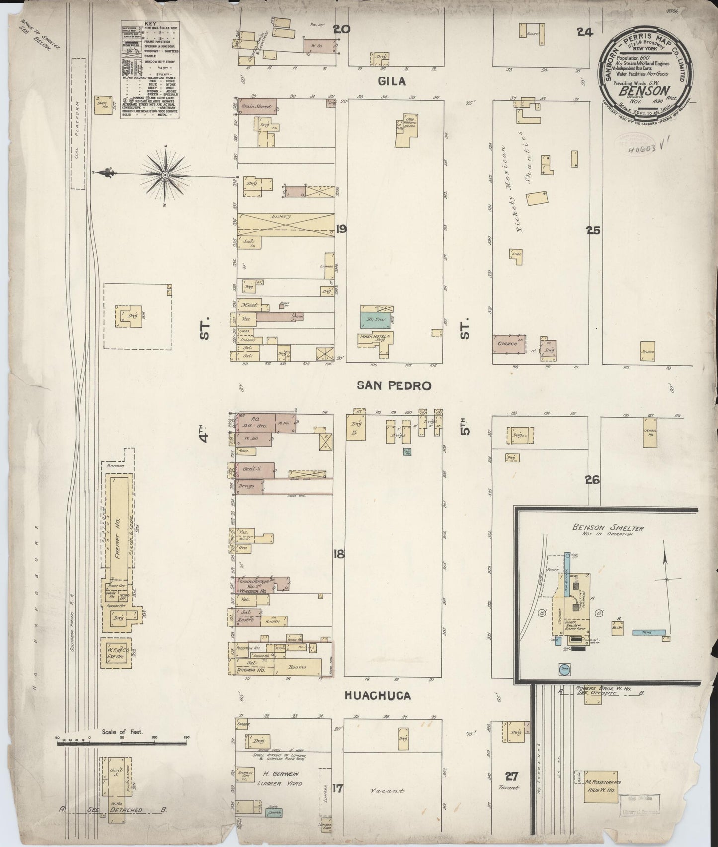 Sanborn Fire Insurance Map from Benson, Cochise County, Arizona (1890), Sheet #0001 - Historic Sanborn Fire Insurance Map Print, vintage old map wall art, antique decor, genealogy gift, Arizona Arizona map