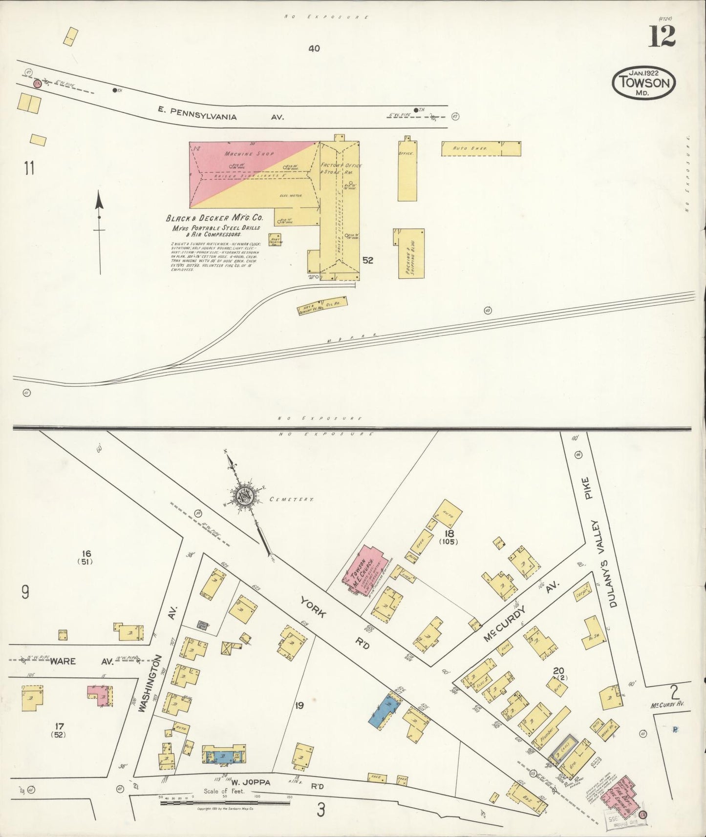 Sanborn Fire Insurance Map from Towson, Baltimore County, Maryland (1922), Sheet #0012 - Historic Sanborn Fire Insurance Map Print, vintage old map wall art, antique decor, genealogy gift, Maryland Maryland map