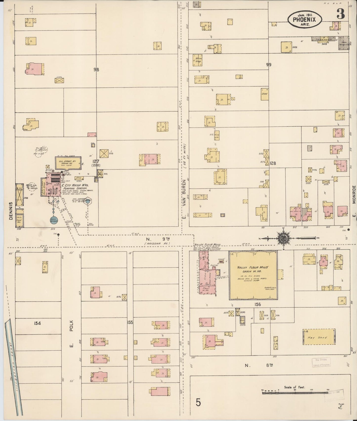 Sanborn Fire Insurance Map from Phoenix, Maricopa County, Arizona (1911), Sheet #0003 - Historic Sanborn Fire Insurance Map Print, vintage old map wall art, antique decor, genealogy gift, Arizona Arizona map
