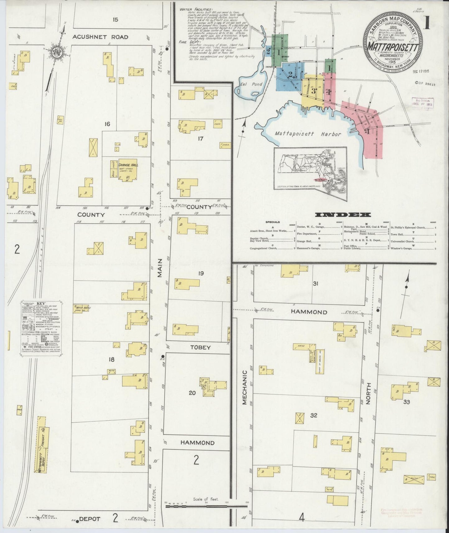 Sanborn Fire Insurance Map from Mattapoisett, Plymouth County, Massachusetts (1915), Sheet #0001 - Historic Sanborn Fire Insurance Map Print, vintage old map wall art, antique decor, genealogy gift, Massachusetts Massachusetts map