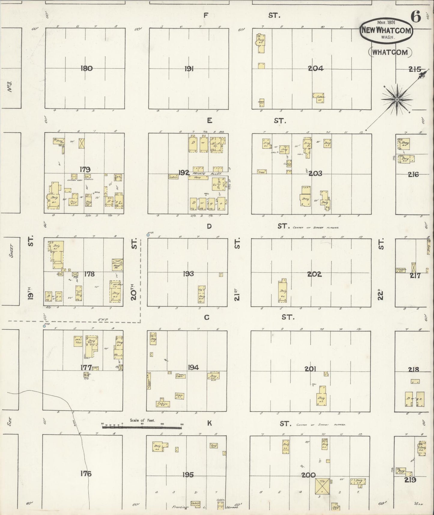 Sanborn Fire Insurance Map from New Whatcom, Whatcom County, Washington (1891), Sheet #0006 - Historic Sanborn Fire Insurance Map Print, vintage old map wall art, antique decor, genealogy gift, Washington Washington map