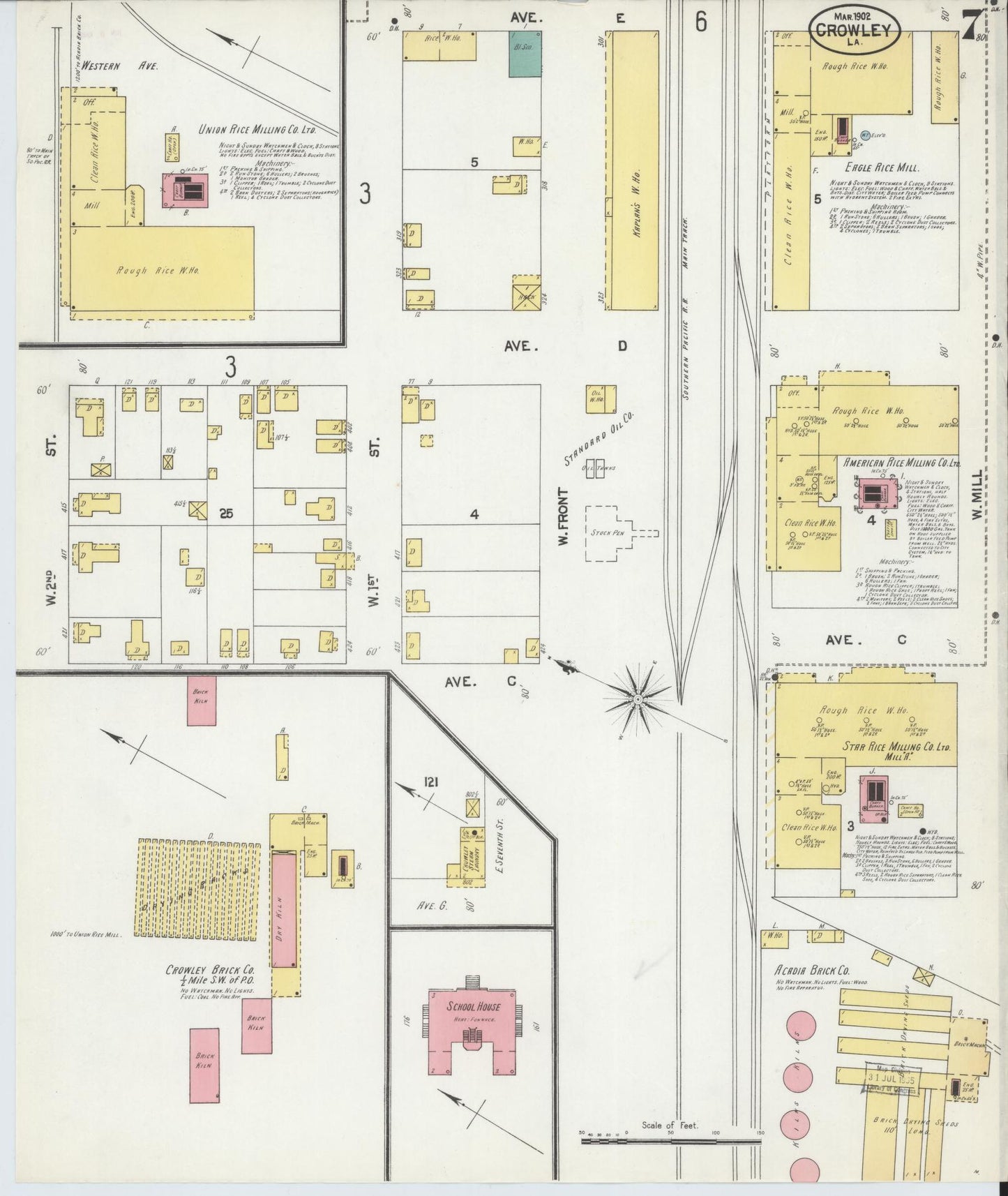 Sanborn Fire Insurance Map from Crowley, Acadia Parish, Louisiana (1902), Sheet #0007 - Historic Sanborn Fire Insurance Map Print, vintage old map wall art, antique decor, genealogy gift, Louisiana Louisiana map