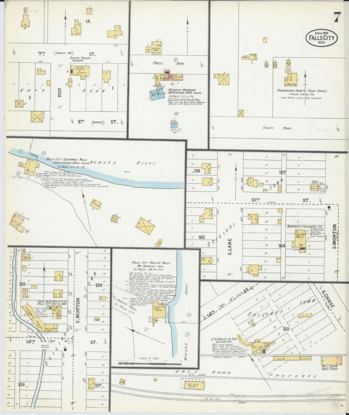 Sanborn Fire Insurance Map from Falls City, Richardson County, Nebraska (1900), Sheet #0007 - Historic Sanborn Fire Insurance Map Print, vintage old map wall art, antique decor, genealogy gift, Nebraska Nebraska map