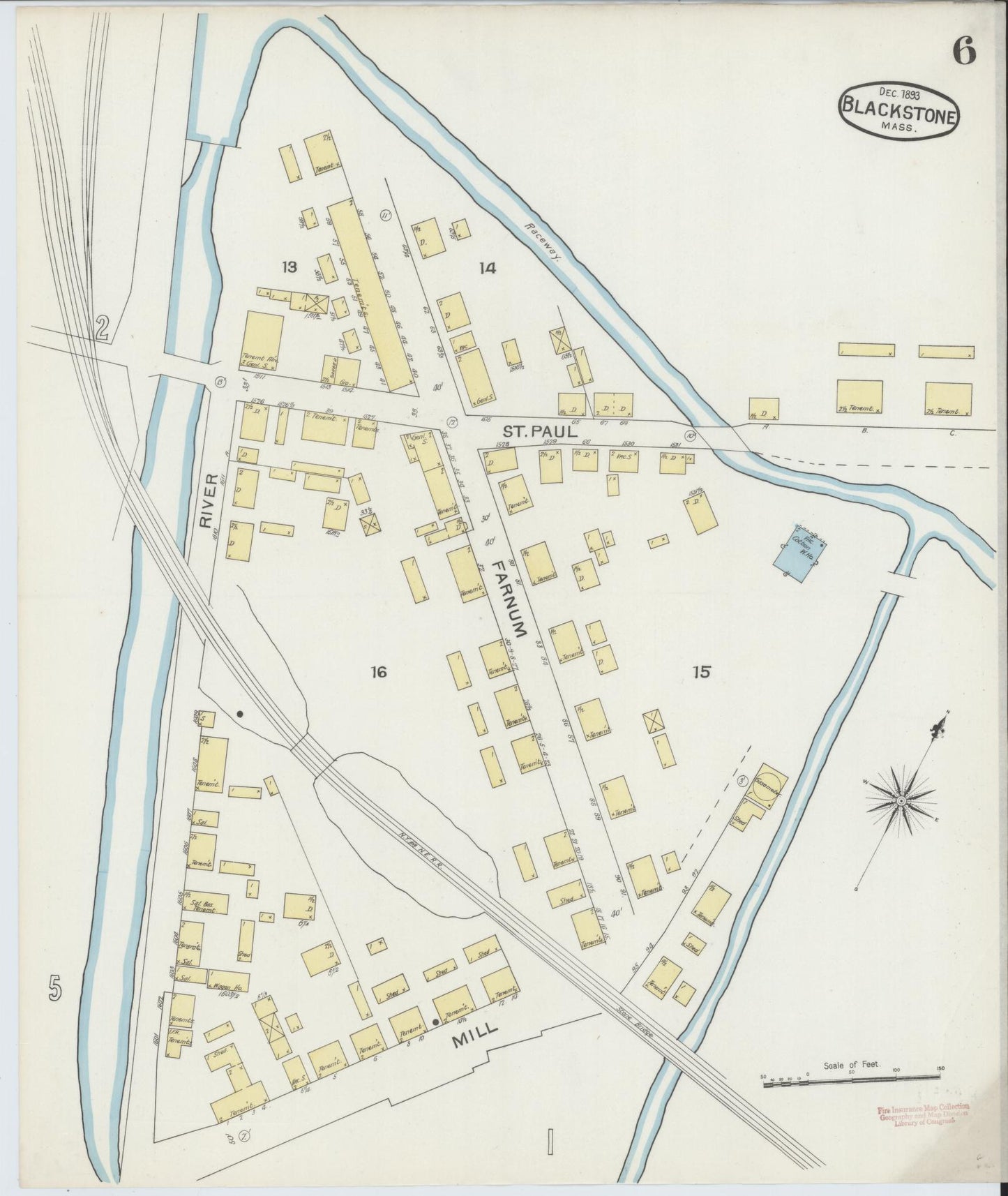 Sanborn Fire Insurance Map from Blackstone, Worcester County, Massachusetts (1893), Sheet #0006 - Historic Sanborn Fire Insurance Map Print, vintage old map wall art, antique decor, genealogy gift, Massachusetts Massachusetts map