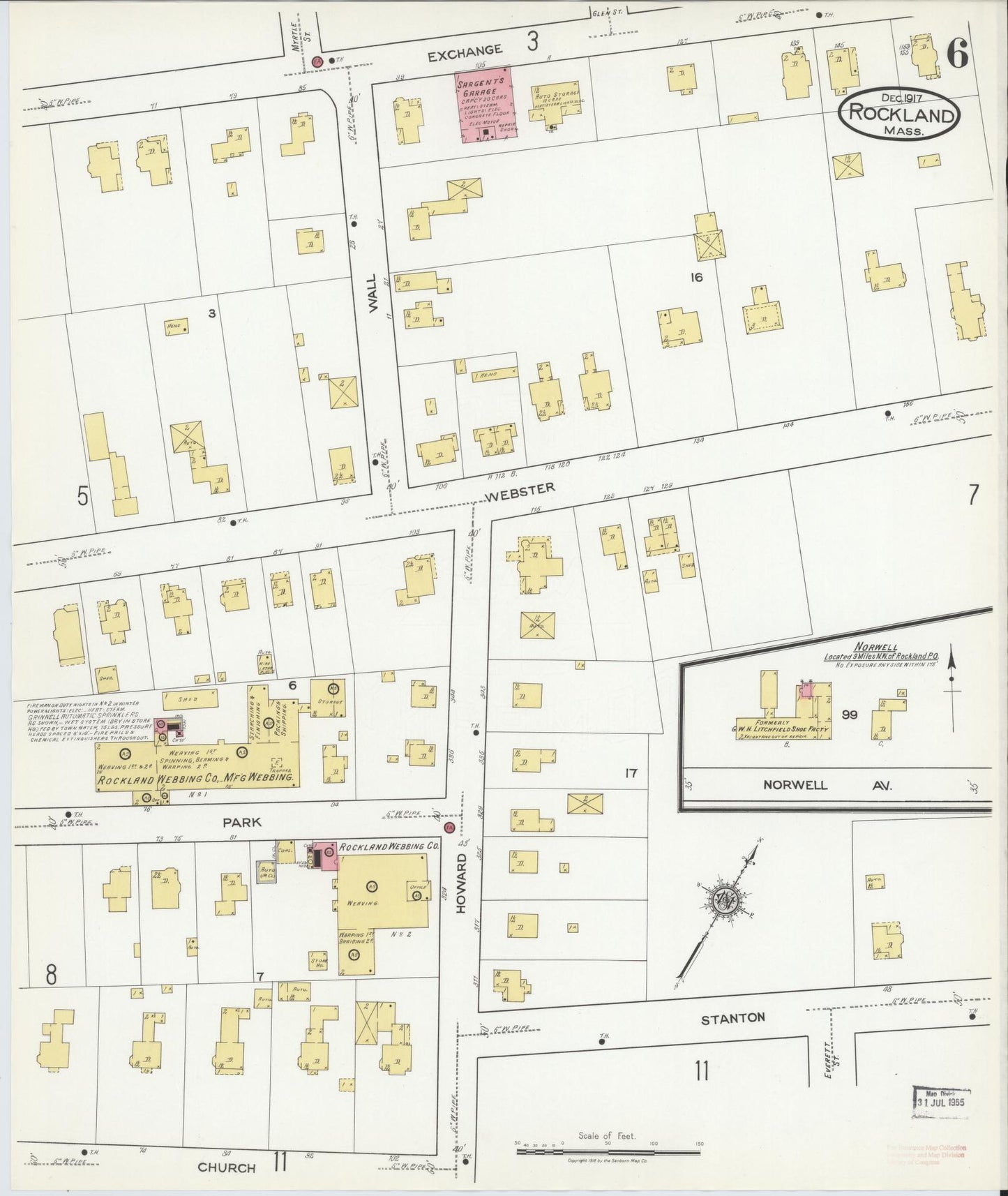 Sanborn Fire Insurance Map from Rockland, Plymouth County, Massachusetts (1917), Sheet #0006 - Historic Sanborn Fire Insurance Map Print, vintage old map wall art, antique decor, genealogy gift, Massachusetts Massachusetts map