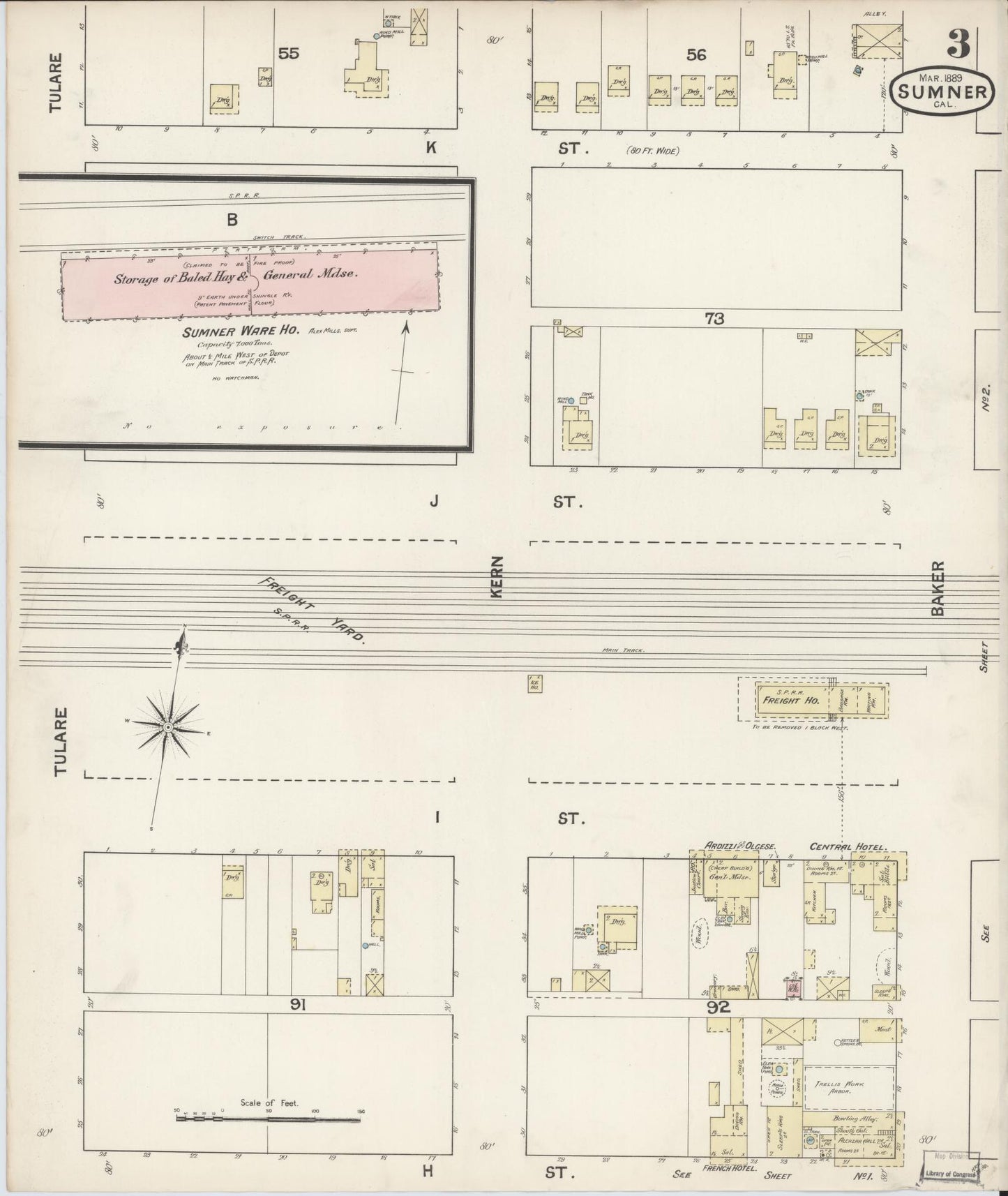 Sanborn Fire Insurance Map from Sumner, Kern County, California (1889), Sheet #0003 - Complete Map Set gallery image, historic Sanborn map, vintage wall art, California California