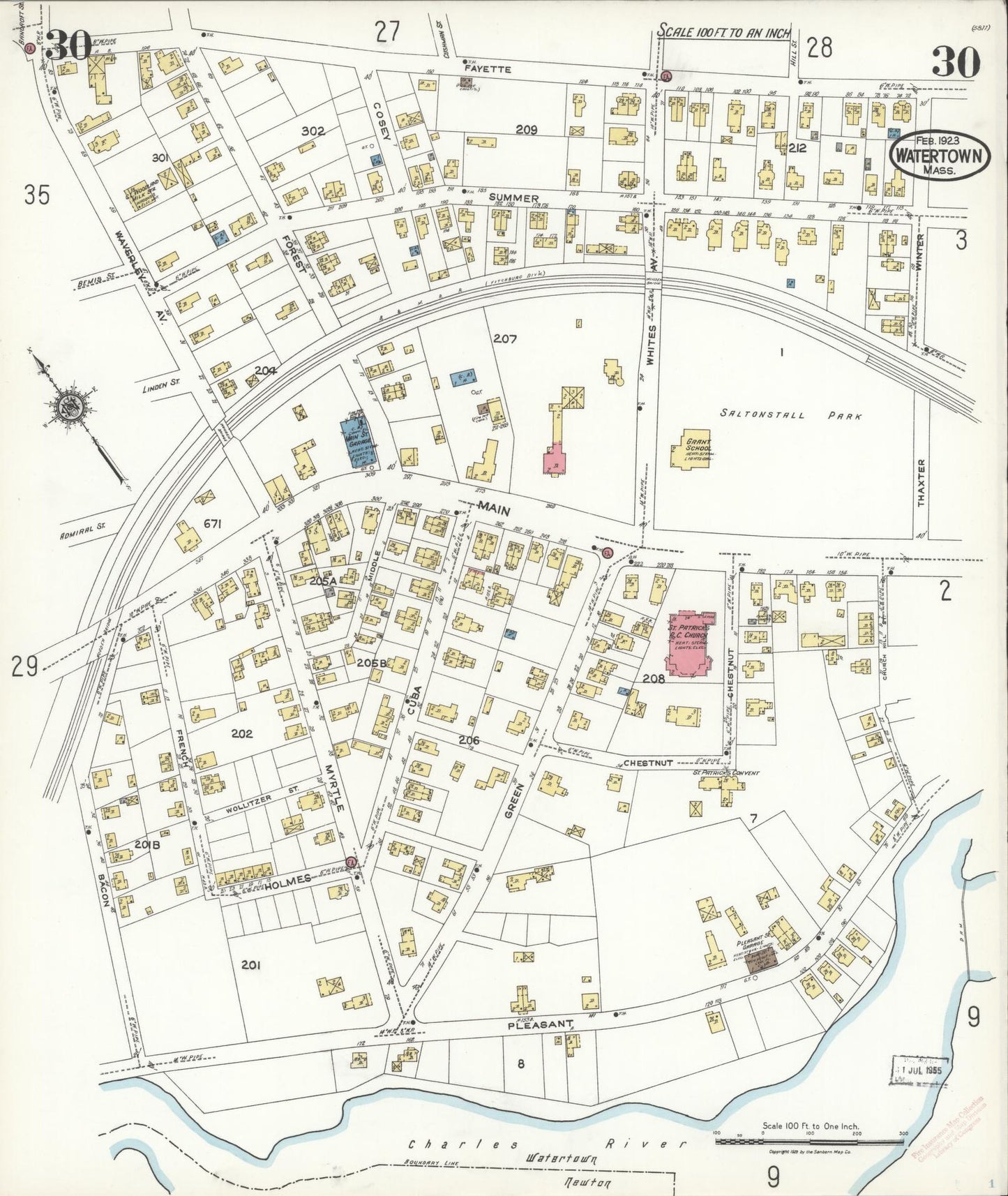 Sanborn Fire Insurance Map from Watertown, Middlesex County, Massachusetts (1923), Sheet #0030 - Historic Sanborn Fire Insurance Map Print, vintage old map wall art, antique decor, genealogy gift, Massachusetts Massachusetts map