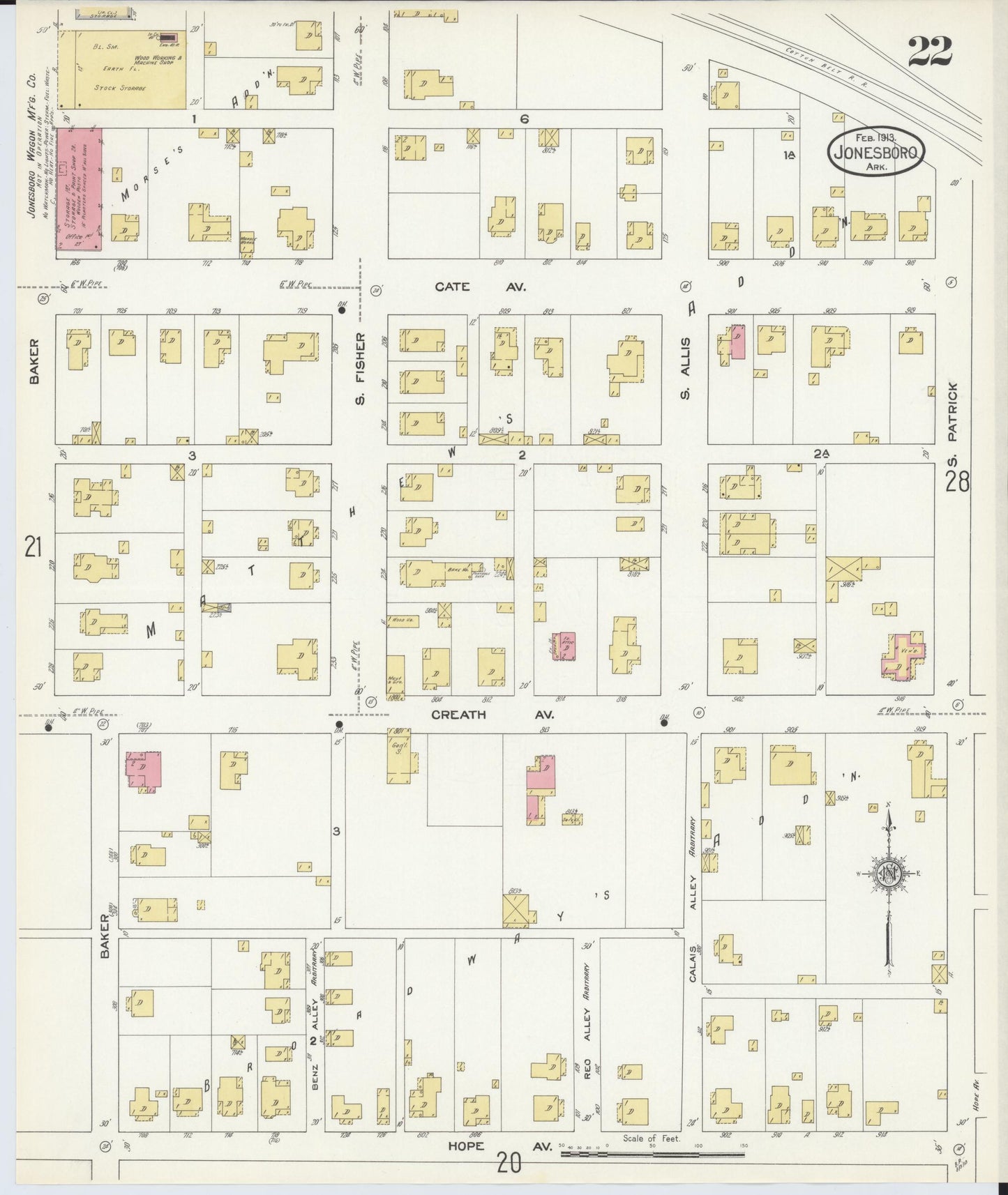 Sanborn Fire Insurance Map from Jonesboro, Craighead County, Arkansas (1913), Sheet #0022 - Historic Sanborn Fire Insurance Map Print, vintage old map wall art, antique decor, genealogy gift, Arkansas Arkansas map
