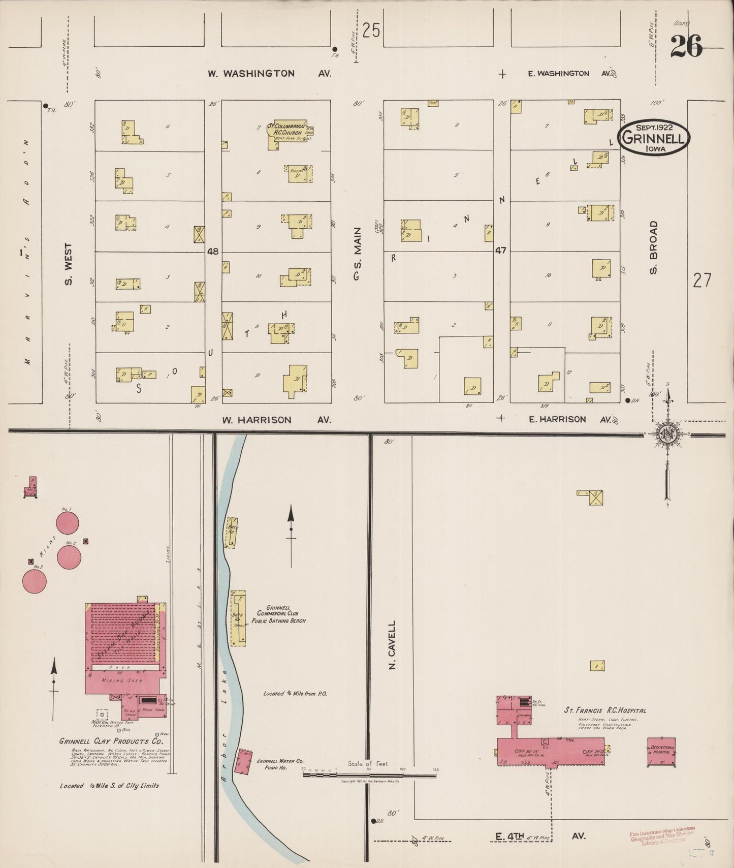 Sanborn Fire Insurance Map from Grinnell, Poweshiek County, Iowa (1922), Sheet #0026 - Historic Sanborn Fire Insurance Map Print, vintage old map wall art