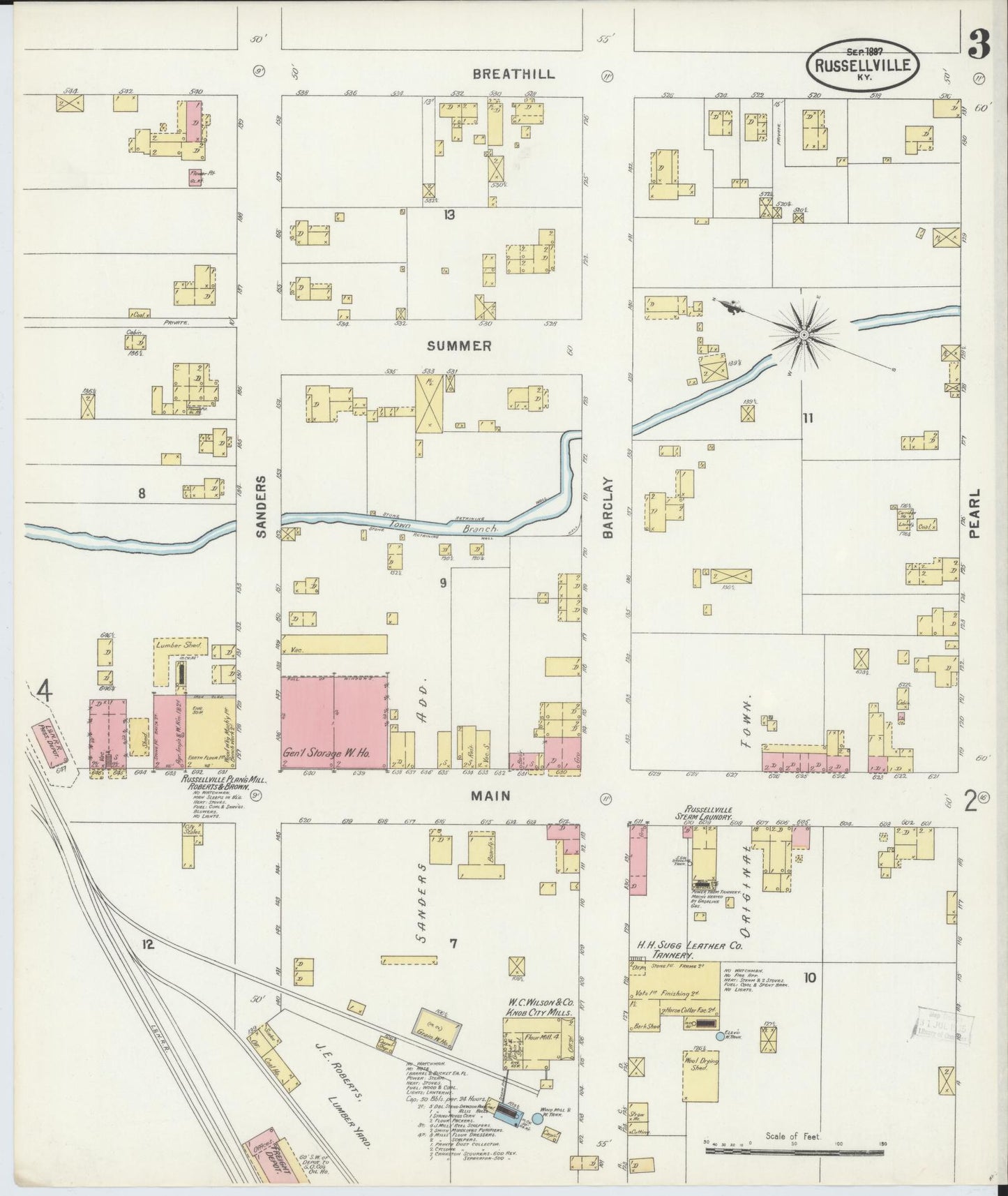 Sanborn Fire Insurance Map from Russellville, Logan County, Kentucky (1897), Sheet #0003 - Historic Sanborn Fire Insurance Map Print, vintage old map wall art, antique decor, genealogy gift, Kentucky Kentucky map