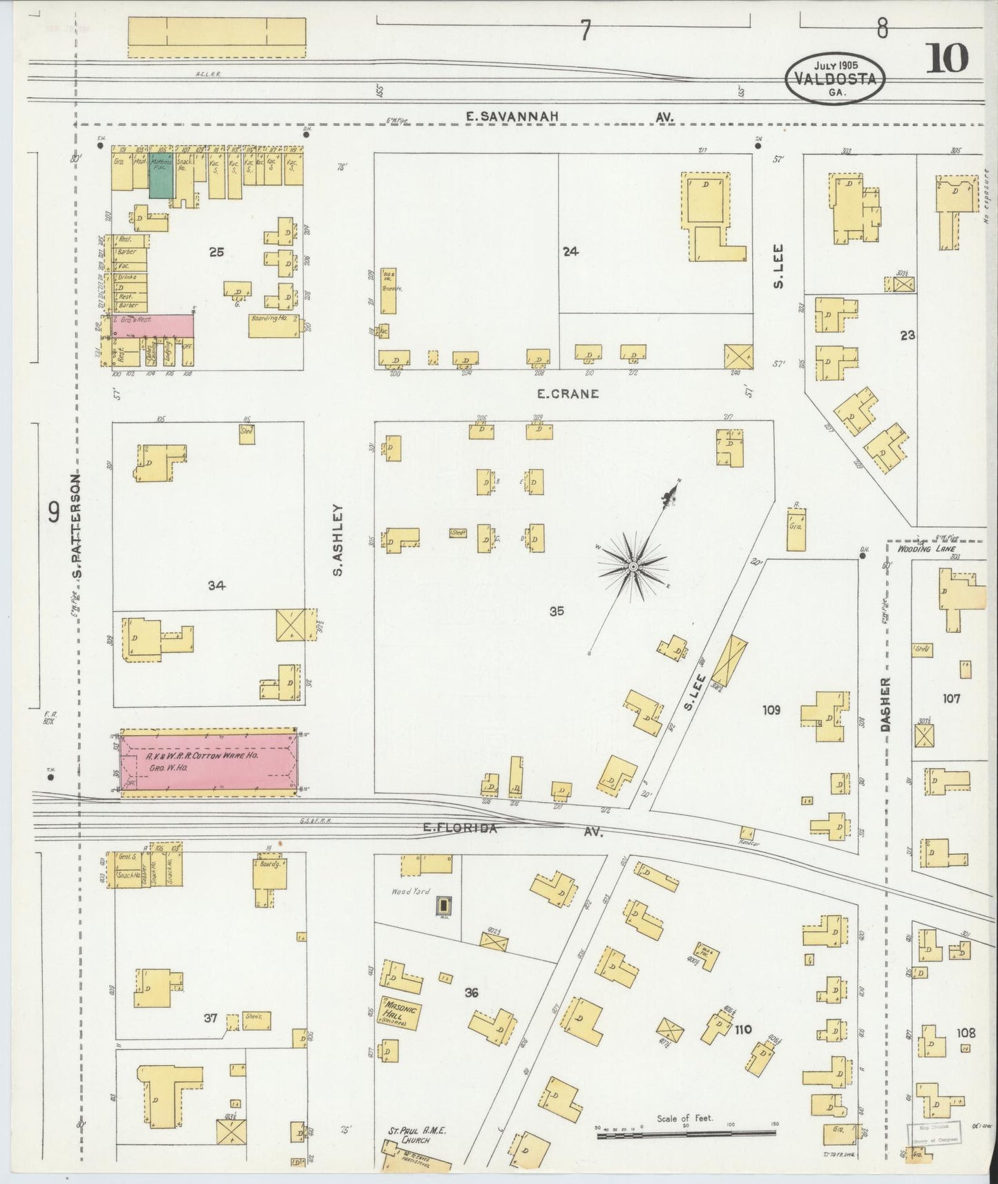 Sanborn Fire Insurance Map from Valdosta, Lowndes County, Georgia (1905), Sheet #0010 - Historic Sanborn Fire Insurance Map Print, vintage old map wall art, antique decor, genealogy gift, Georgia Georgia map