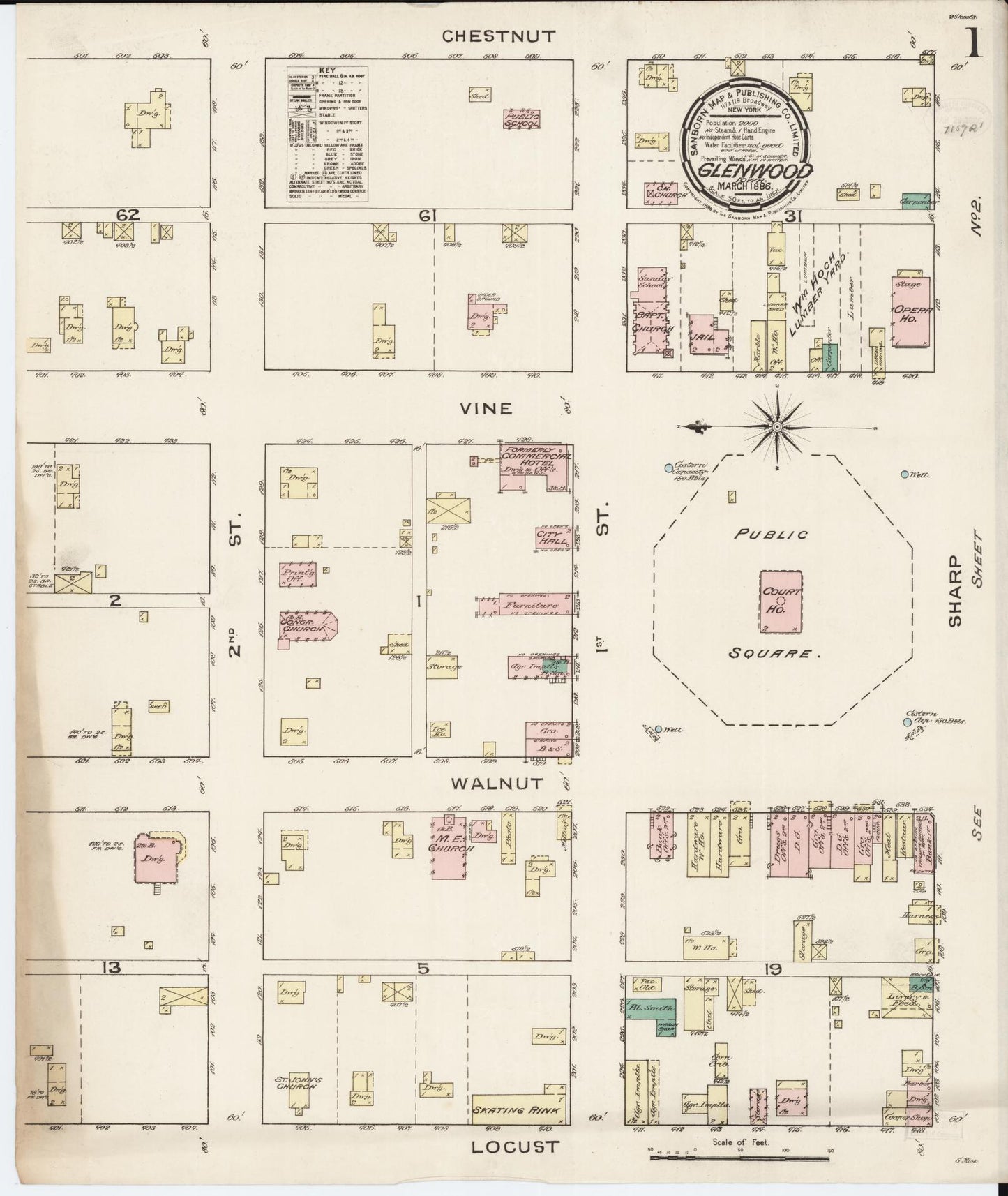 Sanborn Fire Insurance Map from Glenwood, Mills County, Iowa (1886), Sheet #0001 - Historic Sanborn Fire Insurance Map Print, vintage old map wall art